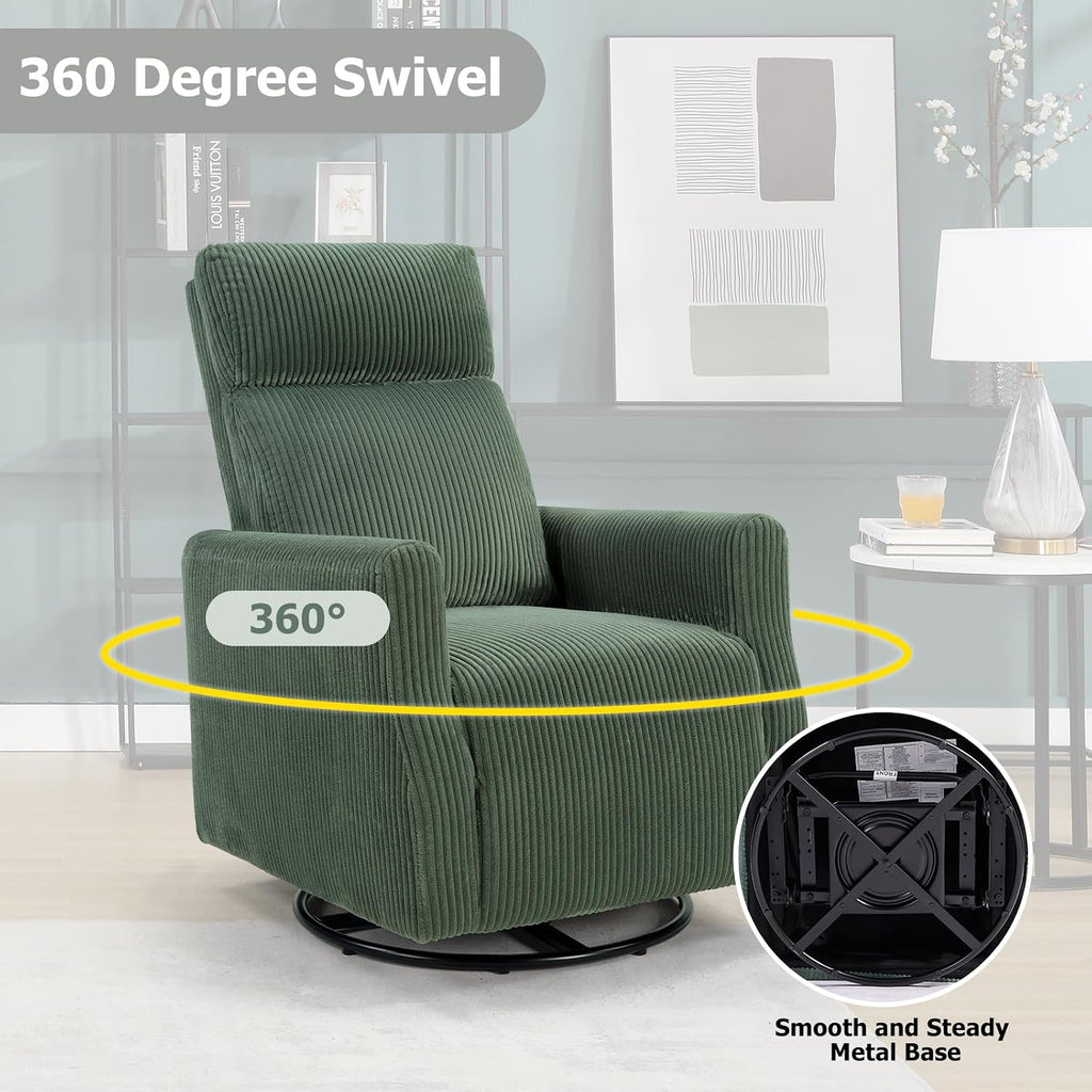 CANMOV Swivel Rocker Chair for Nursery, Swivel Accent Chair with High Back and Arms, Corduroy Glider Chair for Living Room Bedroom Nursery, Green