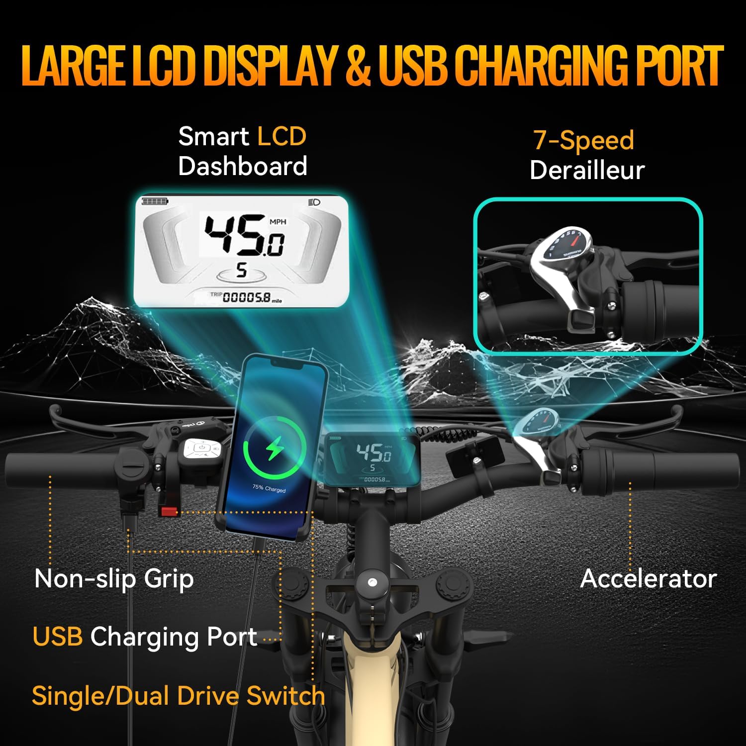 GREATWORK 52V 5000W Peak Dual Motor Electric Bike for Adults, 1300Wh Battery, Up to 45MPH & 100 Miles Range, 26' x 4.0 Fat Tire Electric Dirt Bike with Suspension, Mountain E-Bike for Men Women
