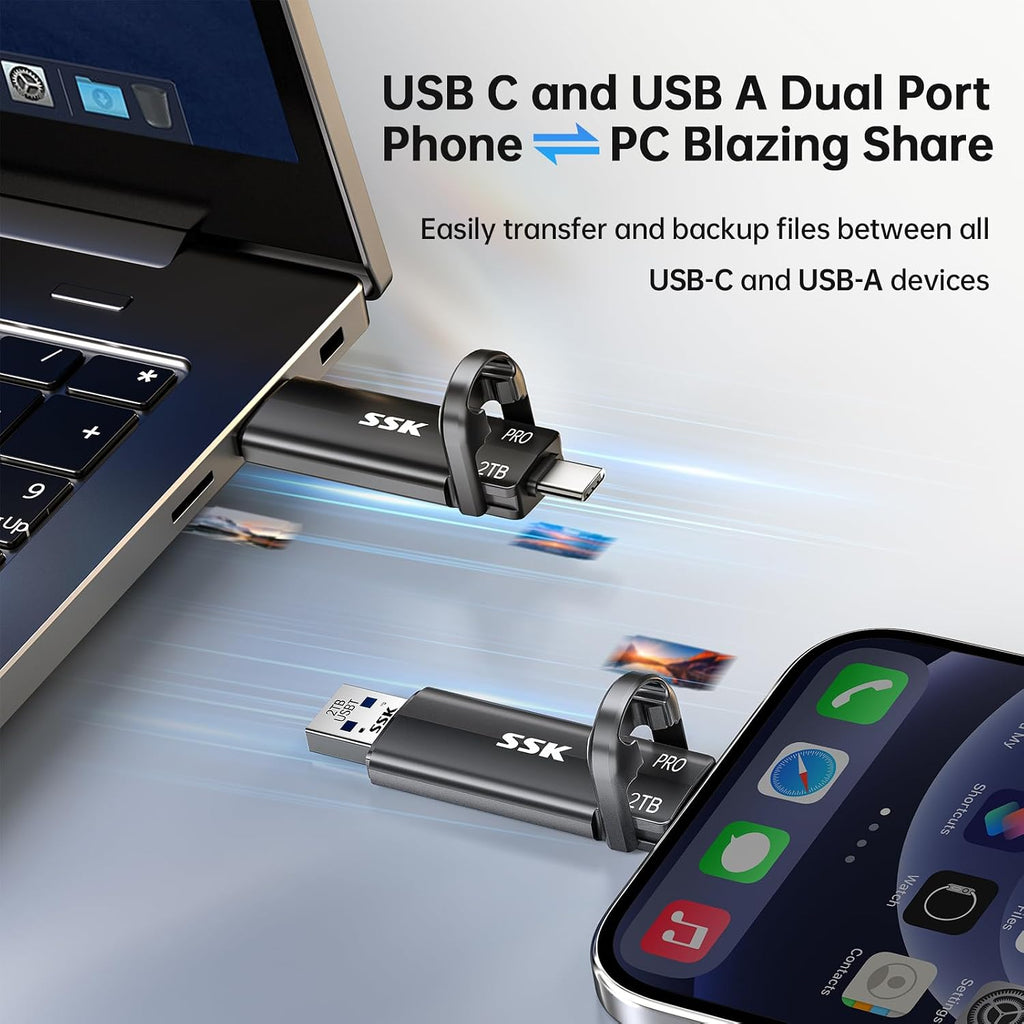 SSK USB Flash Drive 2TB SSD External, TLC NAND Solid State Drive Dual USBC & USBA Ports, Up to 1000MB/s High-Speed Portable 2TB USB Thumb Drive Stick for iPhone 15/16/17 Pro, Mac, Android, PC Backup