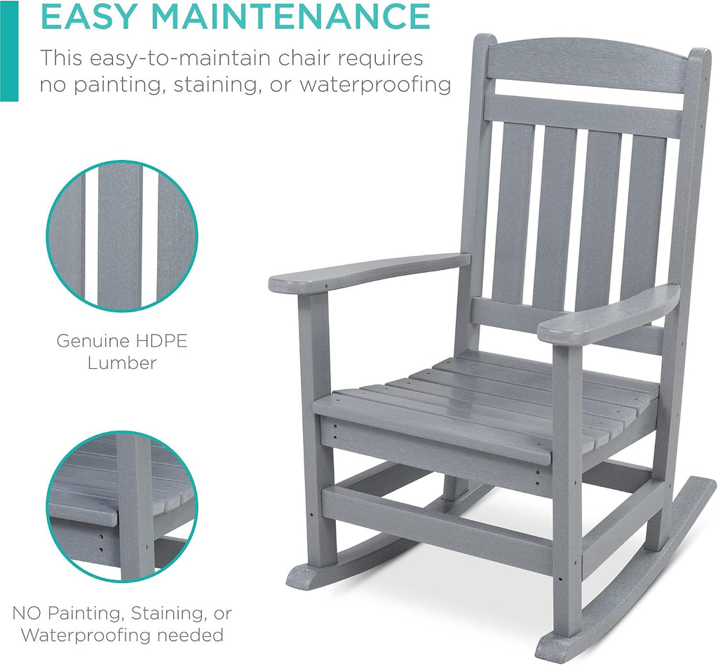 Best Choice Products All-Weather Rocking Chair, Indoor Outdoor HDPE Porch Rocker for Patio, Balcony, Backyard, Living Room w/ 300lb Weight Capacity, Contoured Seat - Gray