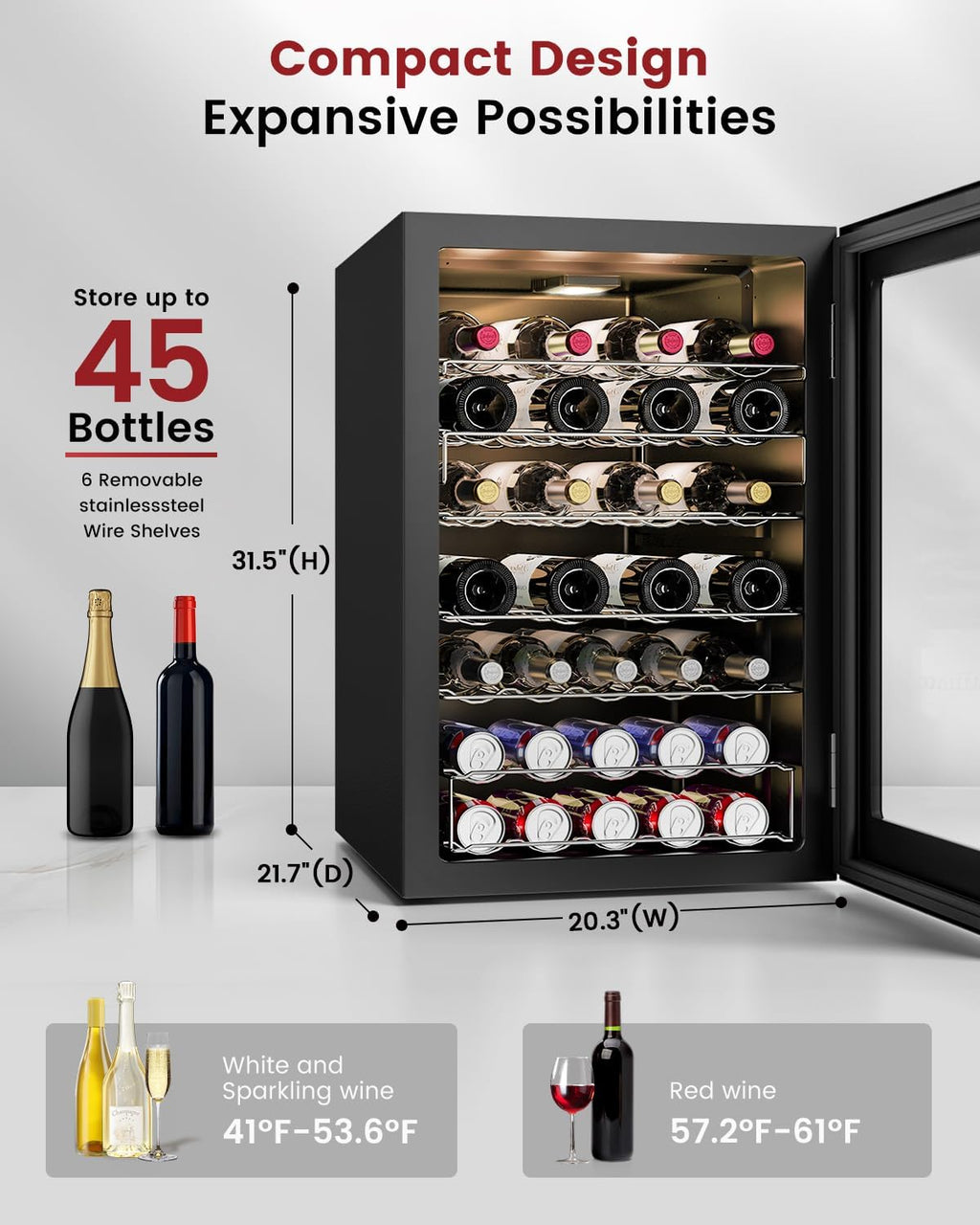 Feelfunn Wine Cooler Refrigerator - 45 Bottle Mini Wine Fridge with Glass Door for Beer Soda Water Drink, Small Wine Cellar Beverage Refrigerator for Bedroom Office Home Bar Dorm, 4.5 Cu.Ft (Black)