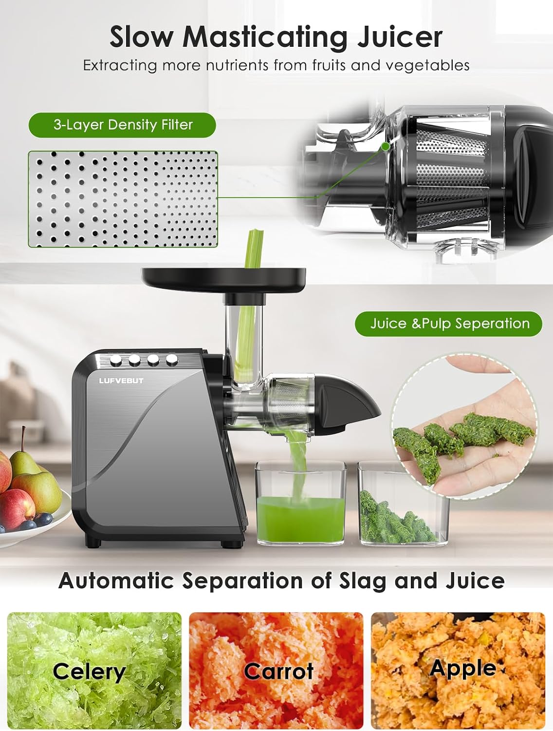 Cold Press Juicer Extractor Fruit Vegetable, Electric Coffee Grinder Burr Fine Coarse Grind for Beans Nuts, Celery Beet Carrot Wheatgrass Ginger Slow Juicer Machines Quiet BPA Free Easy To Clean