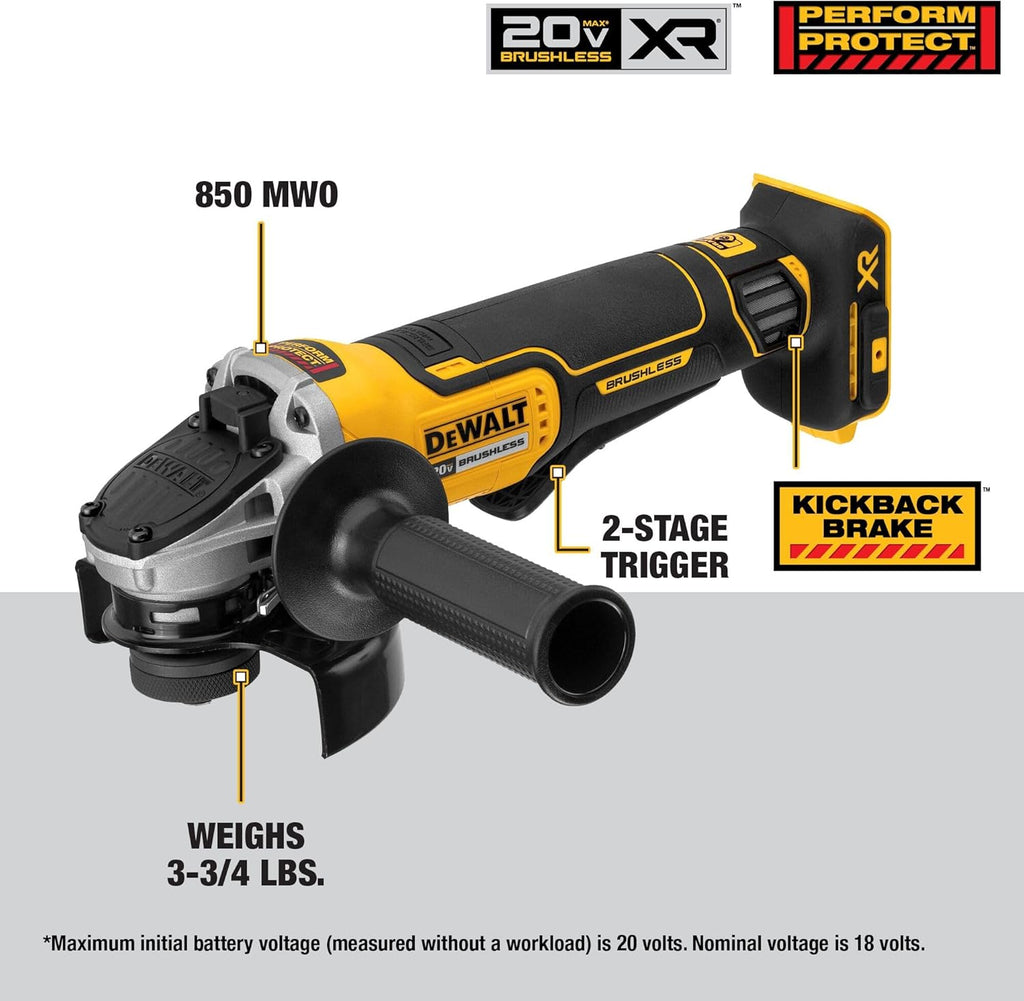 DEWALT 20V MAX* Angle Grinder Tool Cordless Brushless, 4 1/2 Inch, with Paddle Switch and Kickback Brake, Tool Only (DCG413B)