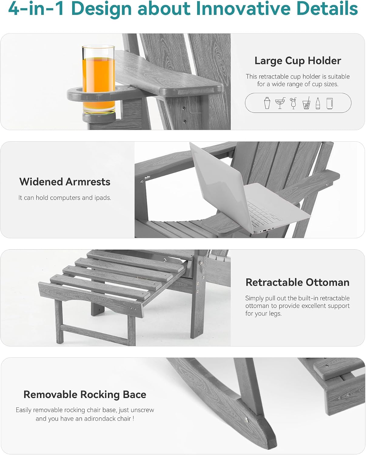 Adjustable Adirondack Rocking Chair with Retractable Ottoman, 4-in-1 Multifunctional Folding Patio Chair with Cup Holder, Outdoor Chair Wood Texture for Lawn, Porch, Backyard, Pool(Grey)