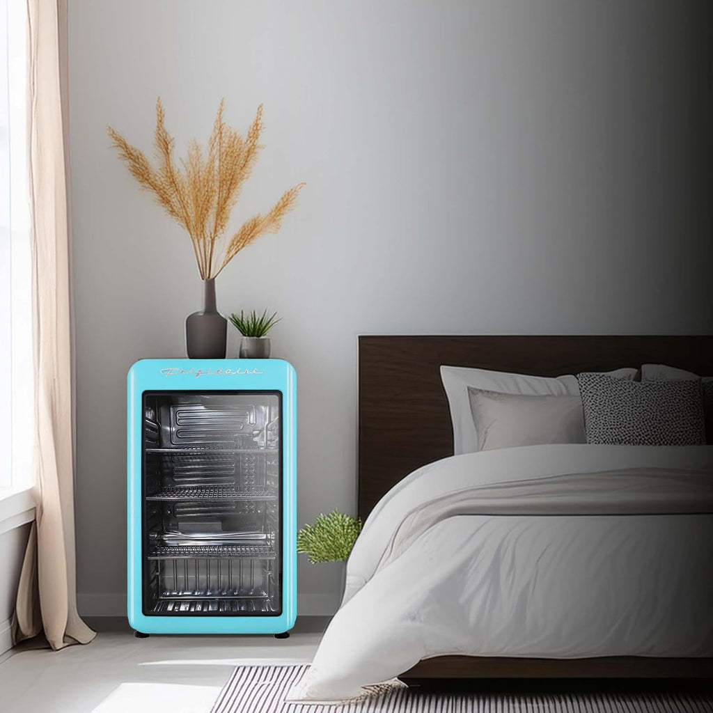 Frigidaire Retro Compact Refrigerator with Glass Door, 3.2 cu ft Countertop Fridge, Rounded Corners, Premium, for Office, Bedroom, Dorm Room, Cabin