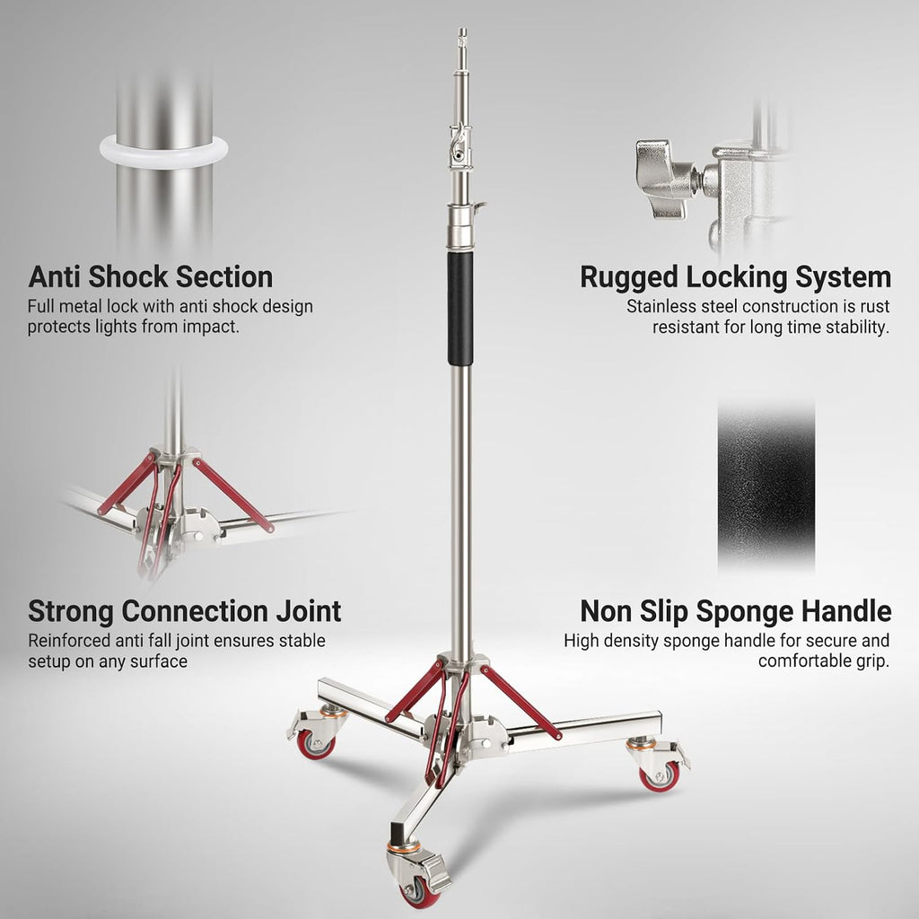 NEEWER Basics 4.3-10ft Photography Light Stand with Casters, 100% Stainless Steel Heavy Duty Tripod Stand for Strobe LED Video Ring Light Monolight Softbox Reflector, 66lb Max Load, SC305B