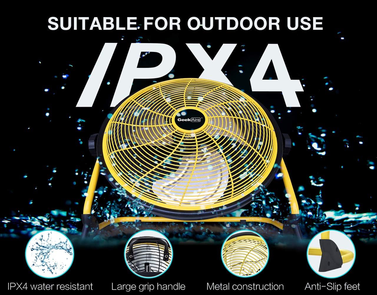 Geek Aire Rechargeable Outdoor High Velocity Camping Floor Fan, 16' Portable Battery Operated Fan with Metal Blade for Garage Camping Gear Accessories