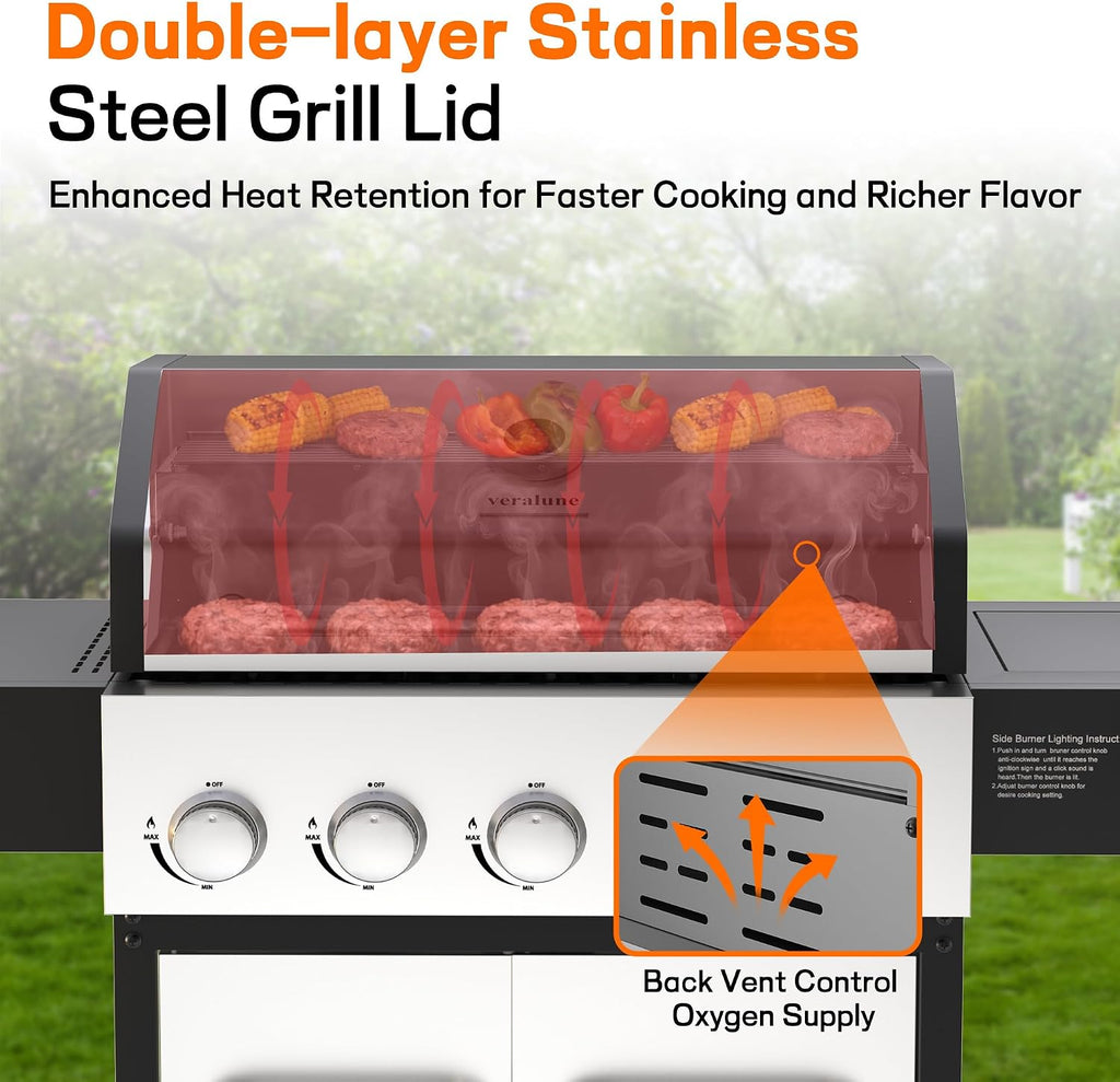 Veralune 5 Burner Gas Grill with Side Burner, Stainless Steel Propane Grill with Porcelain-Enameled Grills, Built-In Thermometer, 68000BTU BBQ Grill for Patio, Backyard, Garden Cooking