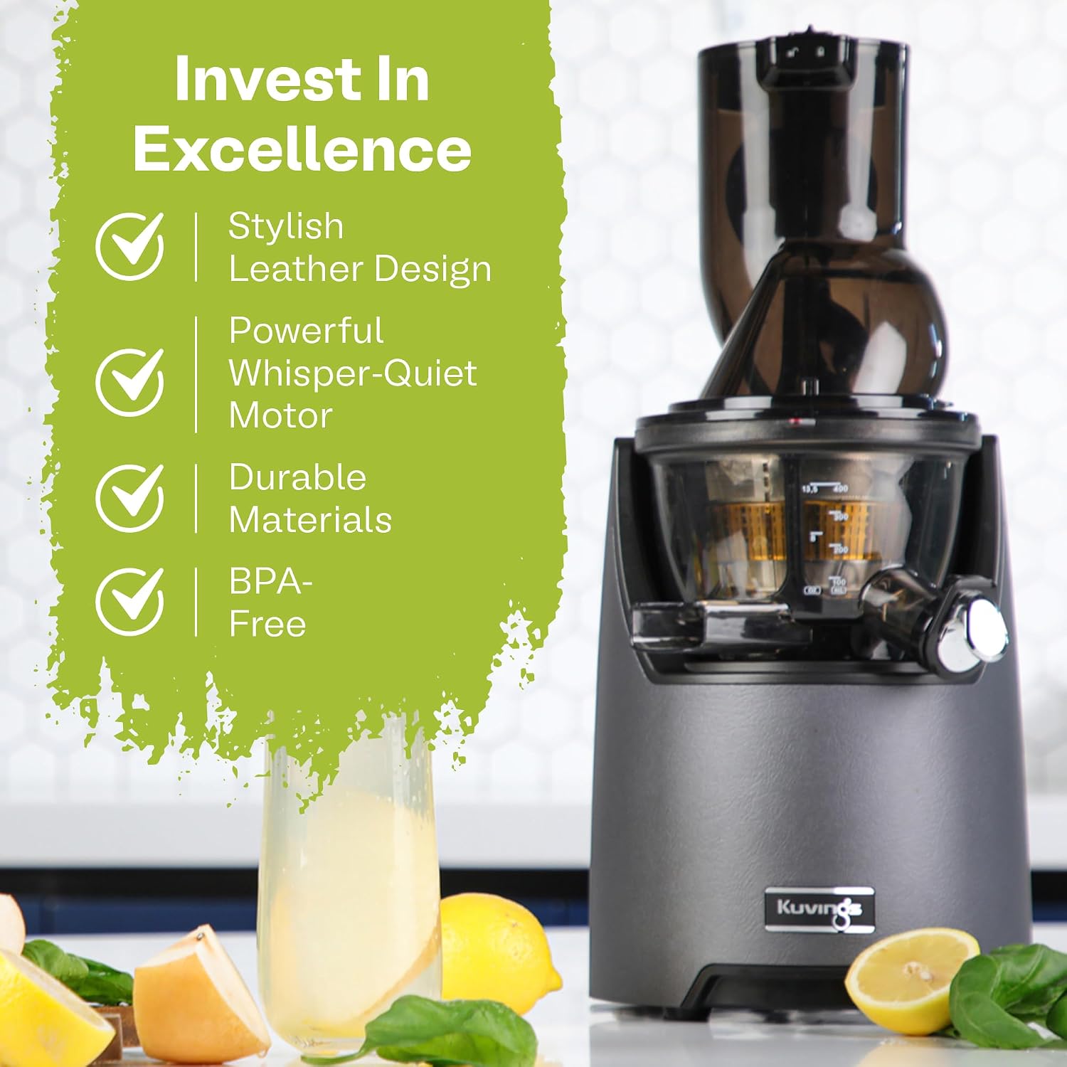 Kuvings EVO820GMS Whole Slow Juicer - Cold Press Juicer with a 5th Gen O-shaped Flip Gate and a 3.2 inch (82 mm) Food Chute - Juice, Smoothie, Ice Cream and Sorbet Maker - Leather Finish - Gun Metal