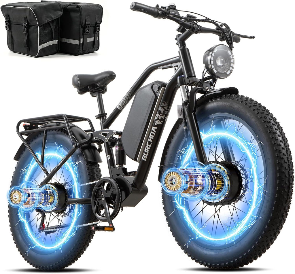 DAMSON Electric Bike for Adults Dual Motor AWD 5000W/3000W/1500W Peak 40MPH/30MPH Dirt Ebike, 52V/48V Max-Output Up to 65/80/120/160 Miles Long Range, 26' Full Suspension Fat Tire Mountains Bicycle