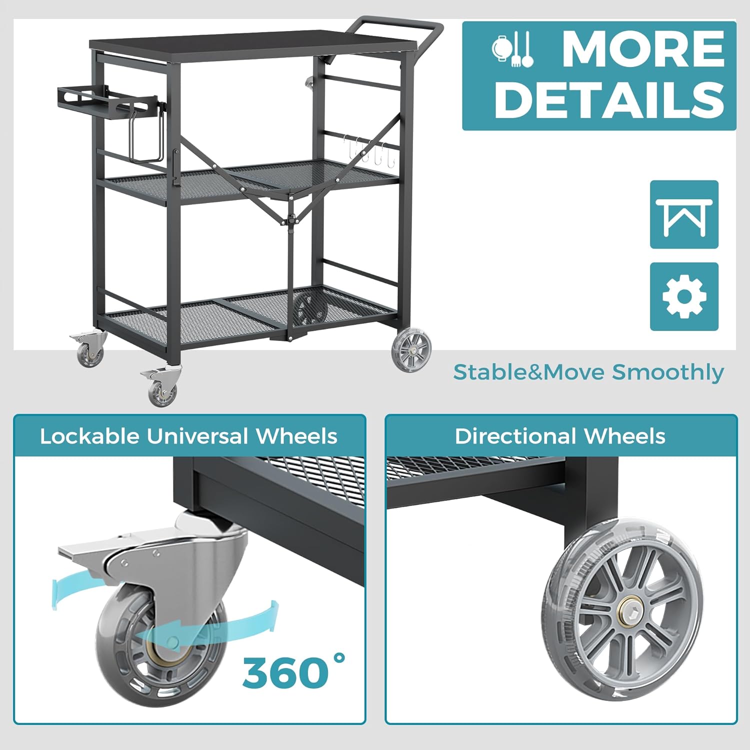 Ciokea Folding Outdoor Grill Cart with Wheels, Foldable Outdoor Grill Table with 27'x18' INCH Top, 3-Shelf Prep Table, Pizza Oven Stand, Metal Portable Kitchen Cart for BBQ Patio Camping (All Black)