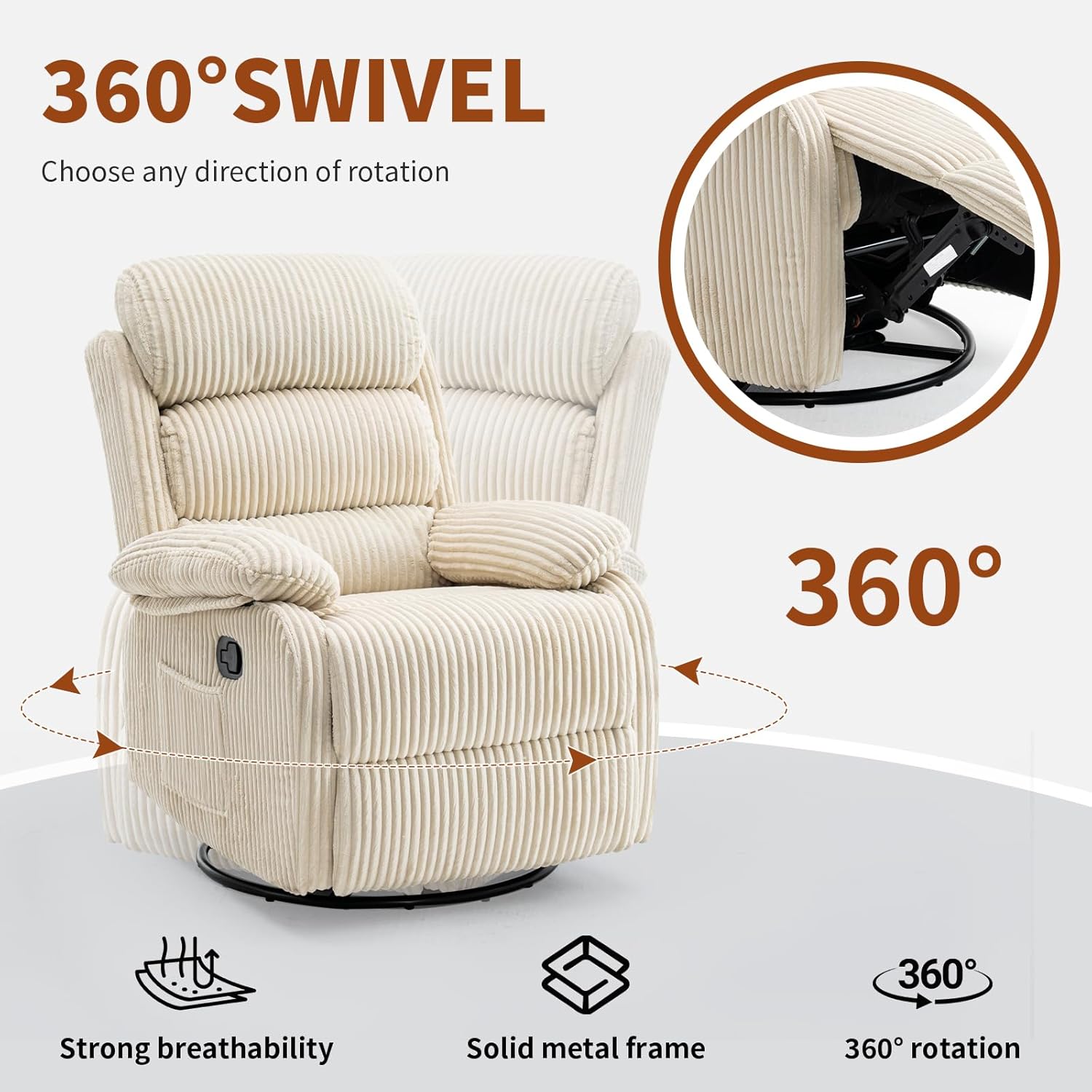 Adult 360° Rocking Recliner Chair，Nursery Rocker Reclining Chair with Side Pocket, a Comfy upholstered Single Sofa Armchair. Suitable for Living Room, Bedroom Nursing use, Velvet Fabric in Beige