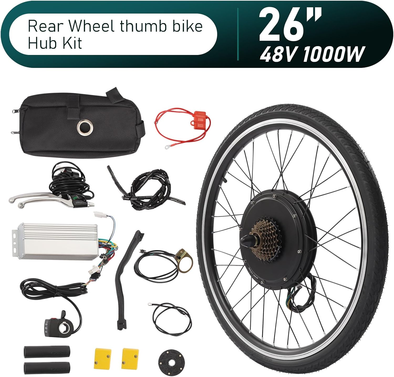 Electric Bike Conversion Kit, 48V 1000W 26' E-Bike Hub Motor Wheel Kit Rear Wheel Powerful Motor with Thumb Throttle and Pedal Assistant Sensor, E-Bike Hub Motor Conversion Kit for 26 Inch Bike