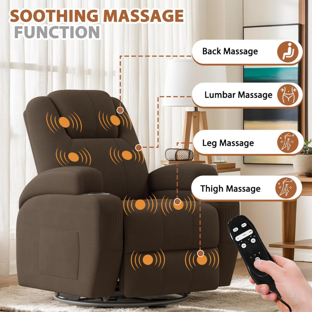 Flamaker Swivel Rocker Recliner Chair with Vibration Massage, 360° Swivel Recliner Chairs for Adults Ergonomic Lounge Chair with Cup Holders Lazy Boy Recliner Single Sofa Seat (Fabric, Brown)