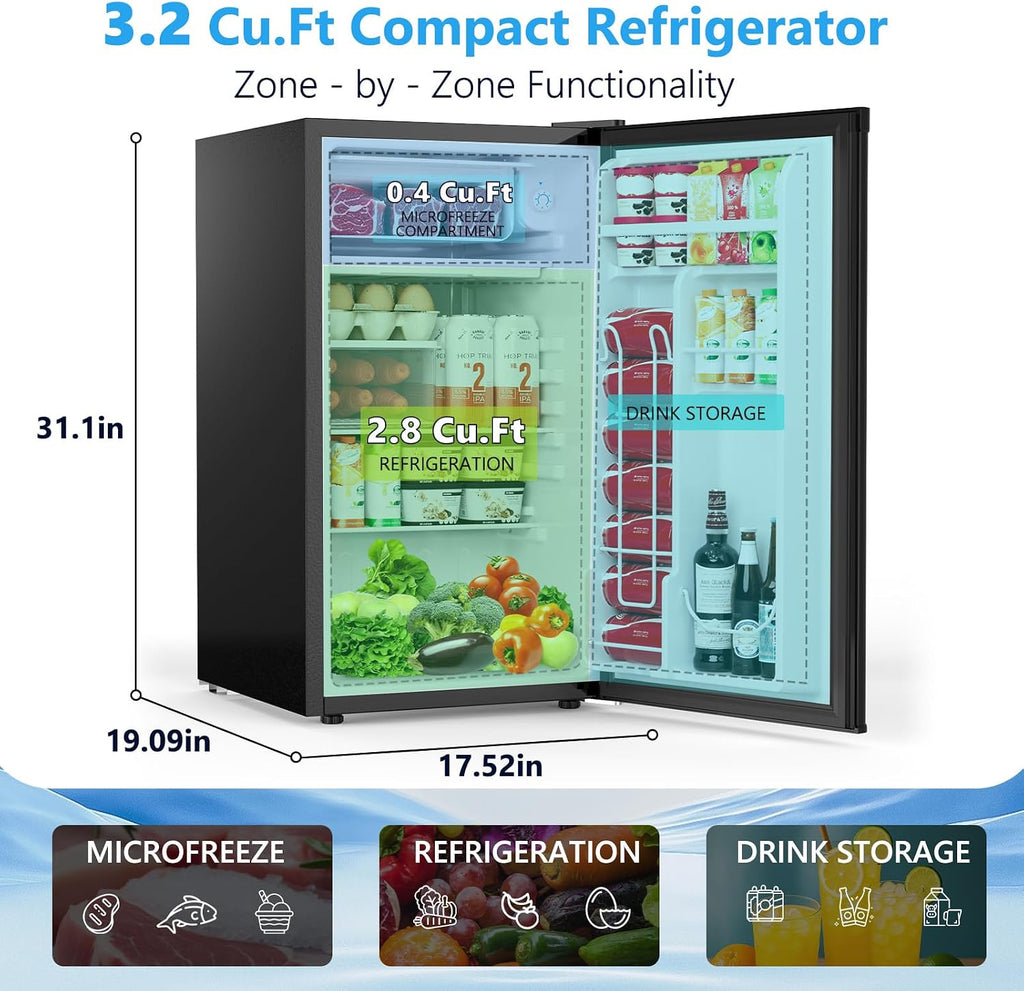 COWSAR 3.2 Cu.Ft Dorm Fridge with Freezer, Single Reversible Door Compact Refrigerator, Adjustable Thermostat, 2 Removable Shelves, Commercial Drink Fridge for Bedroom, Office, Kitchen, Dorm, Black