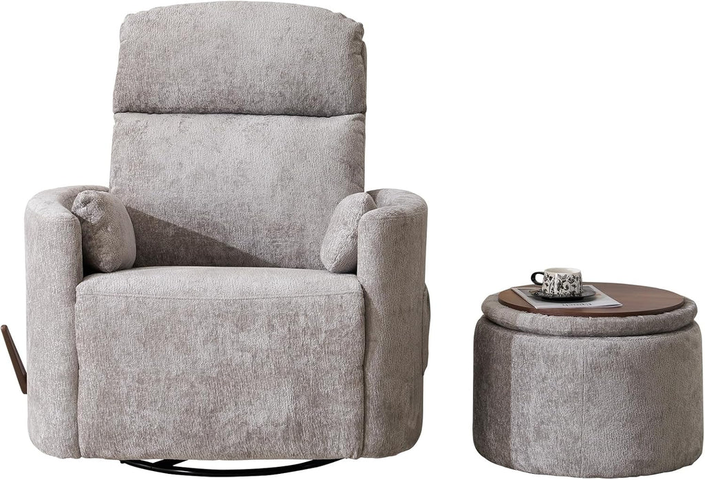 Oversized Swivel Rocker Recliner Chair with Massage and Heat, Manual Swivel Glider Rocker Recliner with 2 Bolster Pillows, Rocking Nursery Chair with Storage Ottoman , Adjustable Headrest, Light Grey
