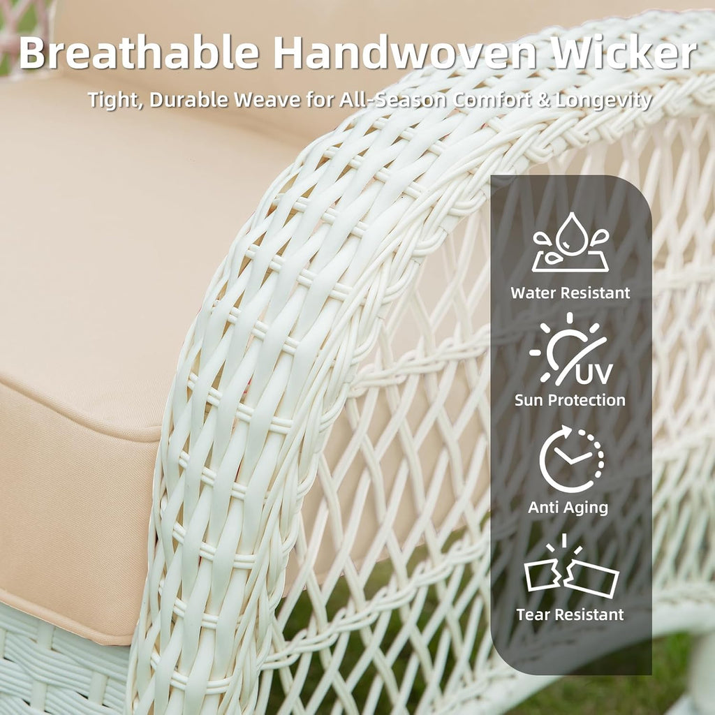 VIVIJASON Outdoor Wicker Rocking Chair, Patio Rattan Rocker Chair with Cushions & Steel Frame, All-Weather Rocking Lawn Furniture for Garden Backyard Porch, Cream White/Beige