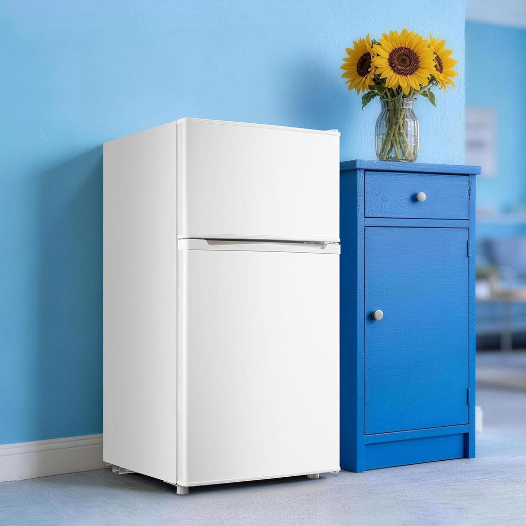 WANAI Mini Fridge with Freezer, 3.5 CU.FT Small Refrigerator with 2 Door & 7 Gear Mechanical Control & Side Bottle Rack, LED Light, Ideal for Dorm, Kitchen, Apartment, Office, White