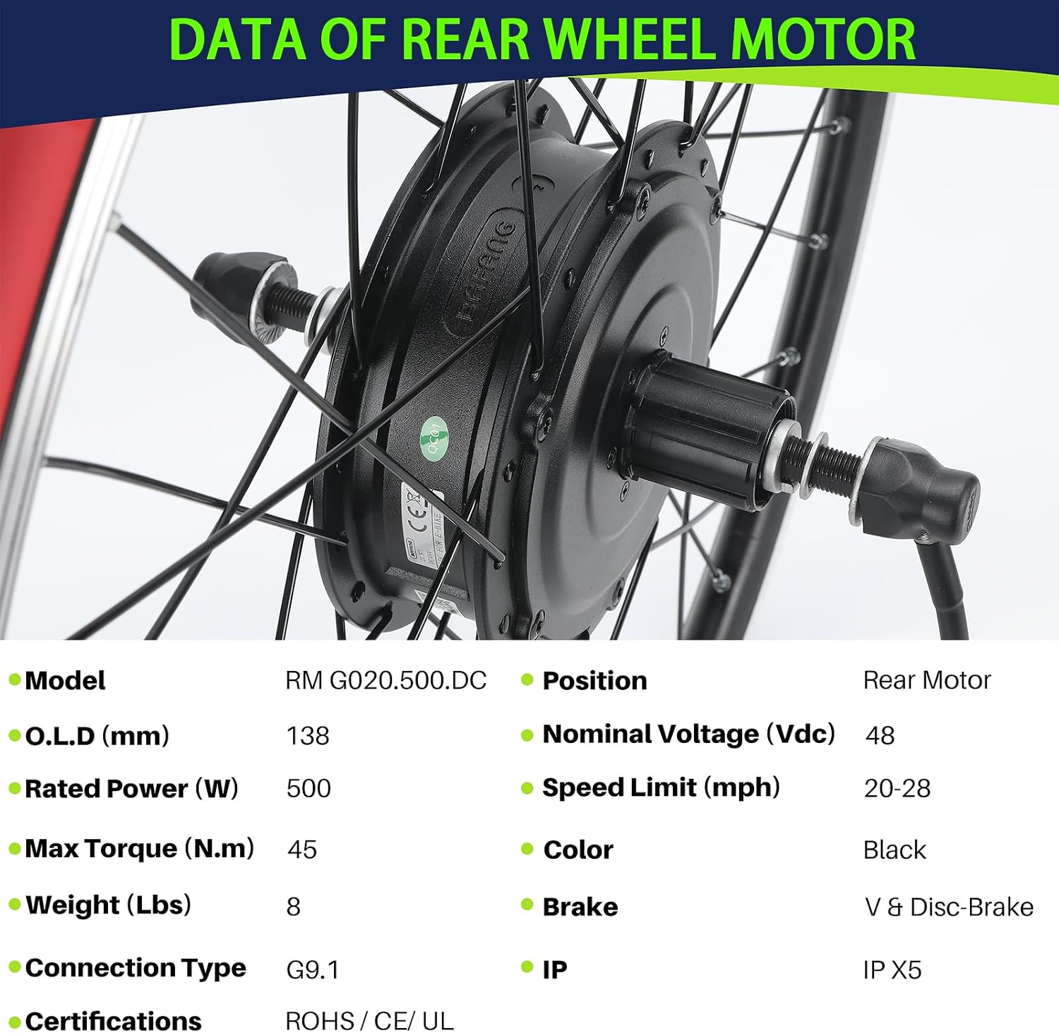 BAFANG 48V500W Electric Motor Kit, Rear/Front Drive Wheel Kit for 20' 24' 26' 27.5' 700C Bicycles, Compatible with Rim & Disc Brakes (100mm/135mm Hub Spacing)