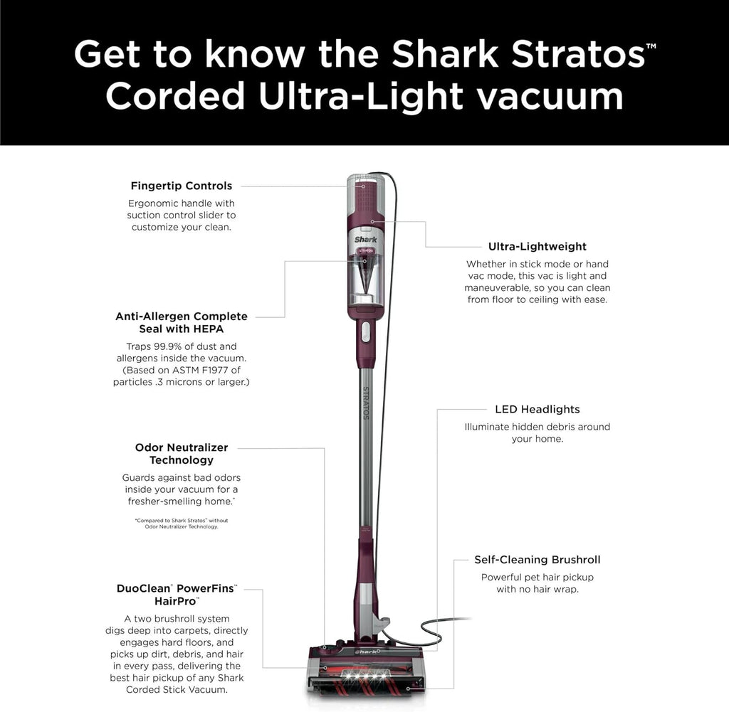Shark HZ3000 Stratos Ultralight Corded Stick Vacuum with DuoClean PowerFins HairPro, Self-Cleaning Brushroll, & Odor Neutralizer Technology, Red Plum (Renewed)