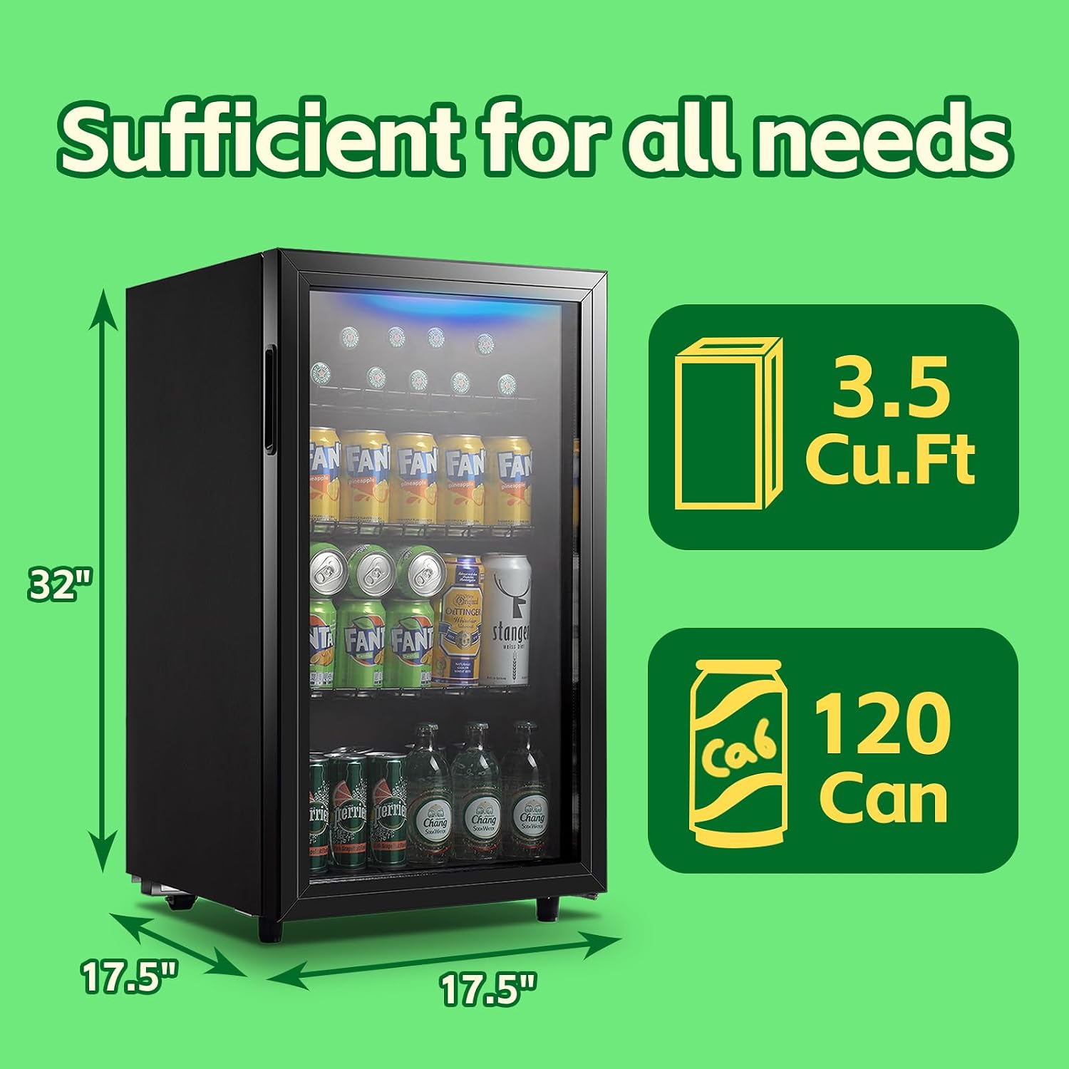 WANAI Beverage Refrigerator Cooler 3.5 Cu.Ft, 120 Can Mini Small Fridge with Glass Door LED Light and Adjustable Shelves for Soda Beer or Wine, Perfect for Home Bar Office, Black