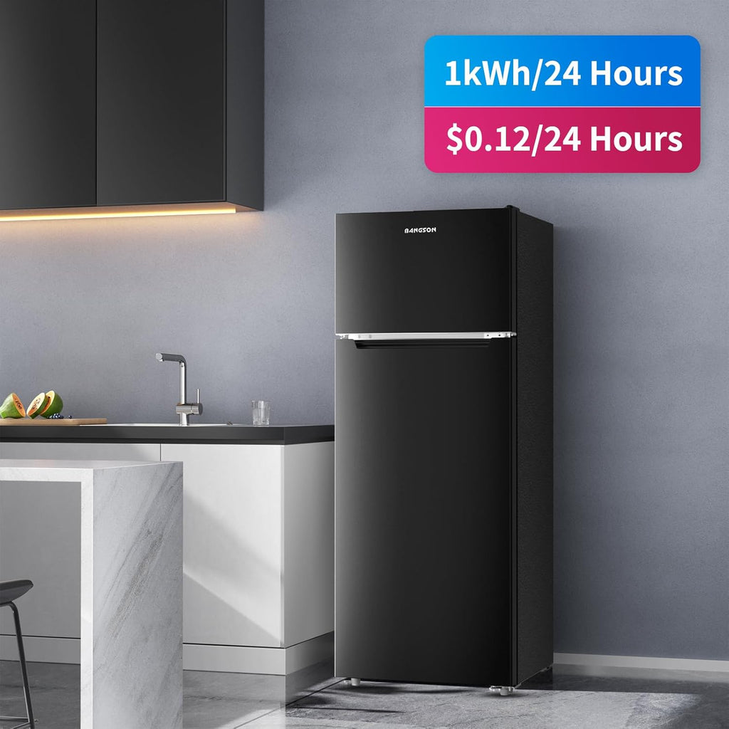 BANGSON 7.7 Cu.Ft Refrigerator with Top Freezer Apartment Size, Fridge for Small Spaces, Office, Energy Saving Low Noise Adjustable Thermostat, Black