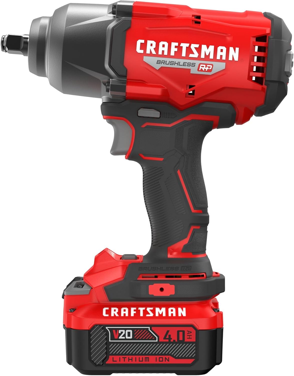 CRAFTSMAN V20 RP Impact Wrench, Cordless, Brushless, High Torque, 1/2 Inch, 4Ah Battery and Charger Included (CMCF940M1)