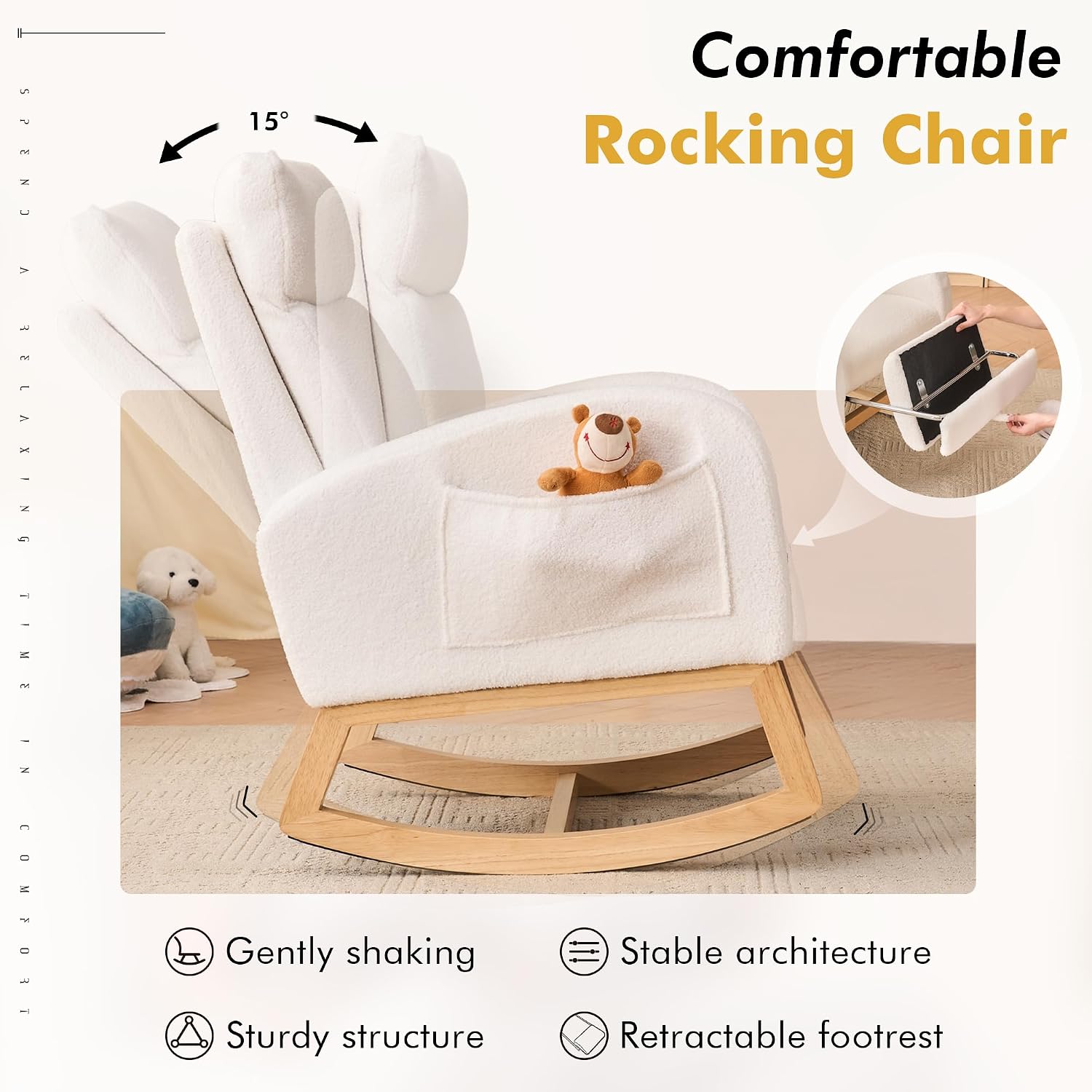 FOXHUNTER Rocking Chair for Nursery with High Backrest & Foot Rest-Nursery Rocking Chairs with Side Storage Pocket for Breastfeeding,Modern Glider Chair for Baby Bedroom,Living Room,Teddy White