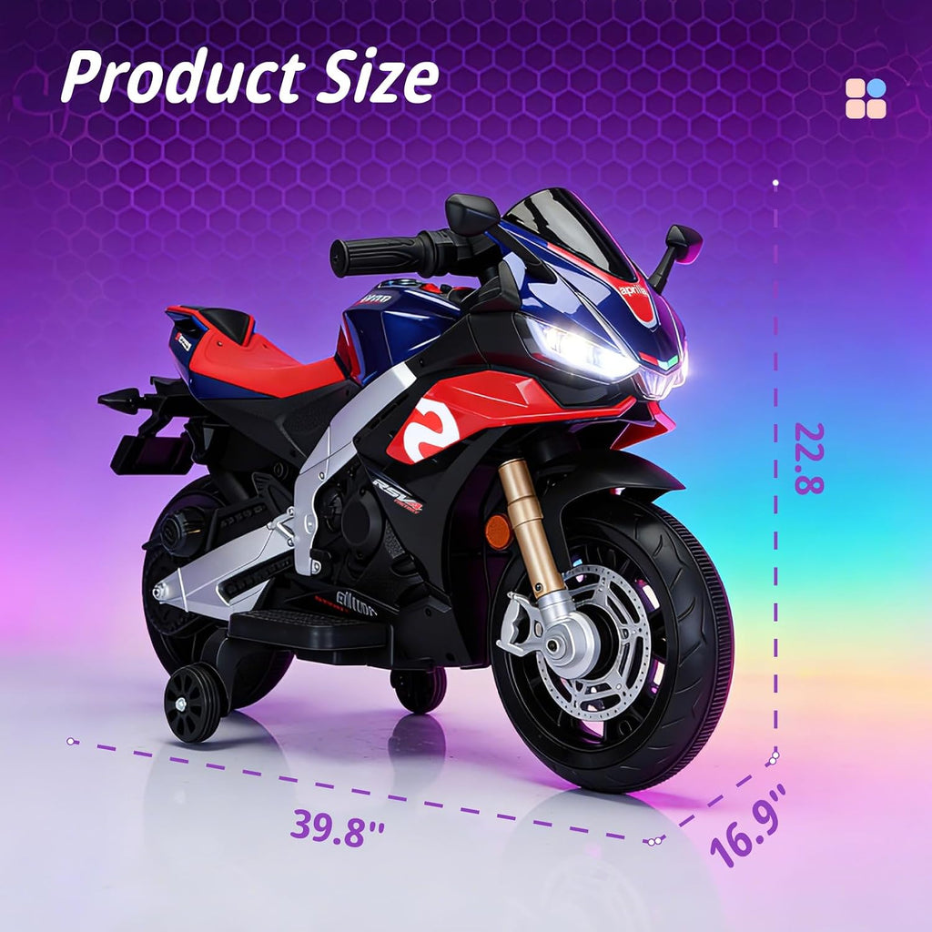HEIMILI 12V Kids Motorcycle, Aprilia RSV4 Licensed Electric Ride on for 3 Years, 40' Small Motorbike with Training Wheels, Bluetooth, Speed 3mph (Blue, 12V(40 * 23 * 17))