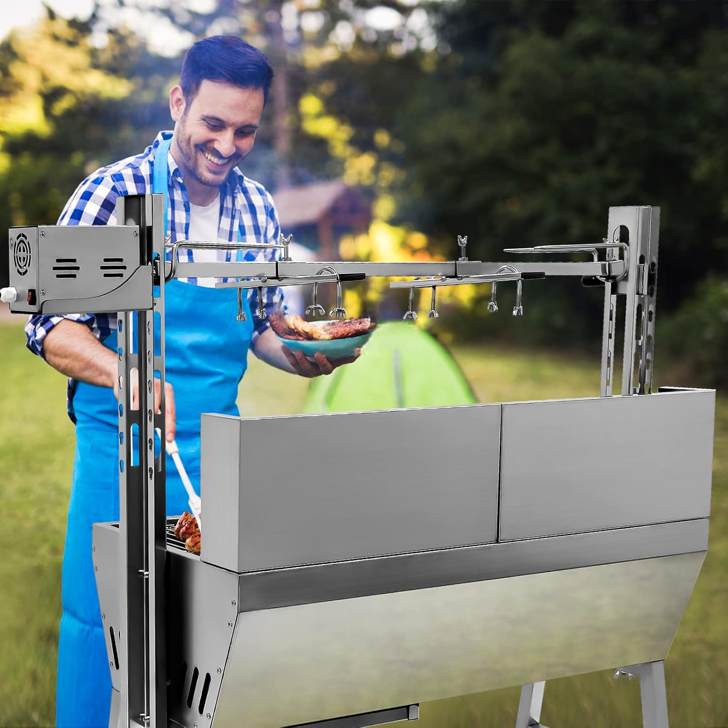 25w 37in Electric Rotisserie Grill Portable 132lbs Portable Stainless Steel Rotisserie Grill Roster With Wheels, Motor, Wind Baffle For Pig Chicken Lamb Rotisseries Roasting Machine