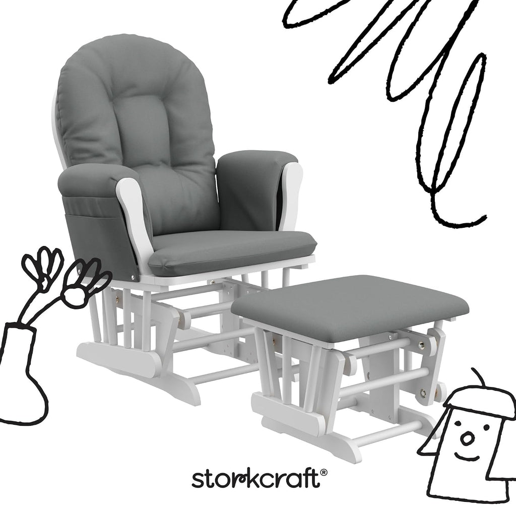 Storkcraft Premium Hoop Glider & Ottoman (White/Gray) — GREENGUARD Gold Certified Nursery Glider, Solid Wood Craftsmanship, Smooth-Gliding, Award-Winning