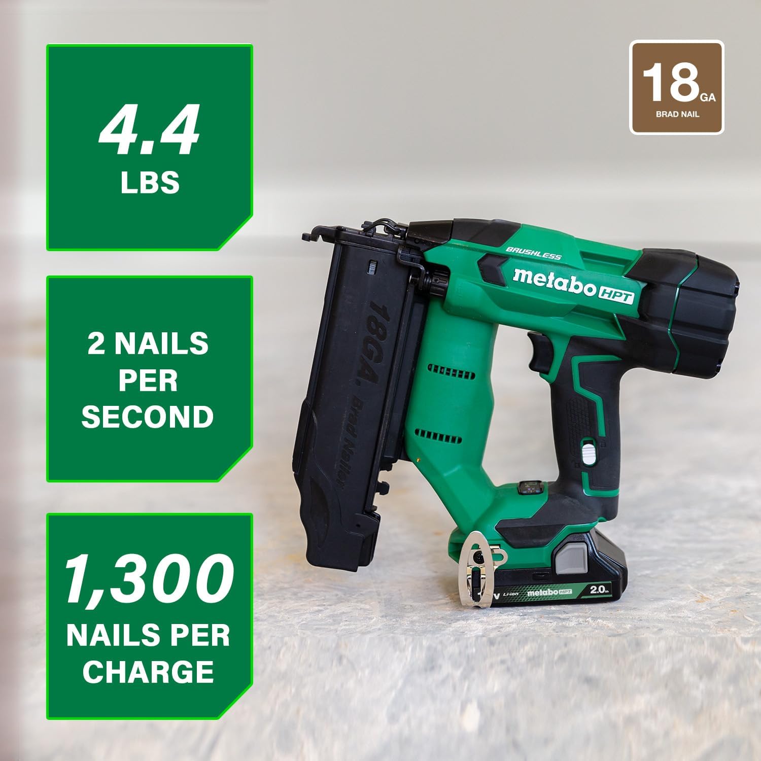 Metabo HPT 18V MultiVolt Brushless Compact Cordless Brad Nailer Kit, 18 Gauge Nailer with Power Tool 2.0Ah Lithium Ion Battery, Drives 5/8' to 2' Brad Nails, NT1850DFT