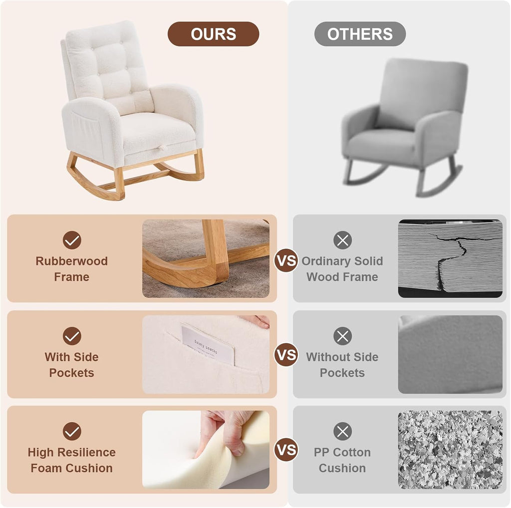 Nursery Rocking Chair,Rubber Wood Base Glider Rocking Chair with Adjustable Footrest and Side Pocket,Teddy Fleece Glider Rocker for Living Room, Bedroom (Teddy Fleece, Beige White)