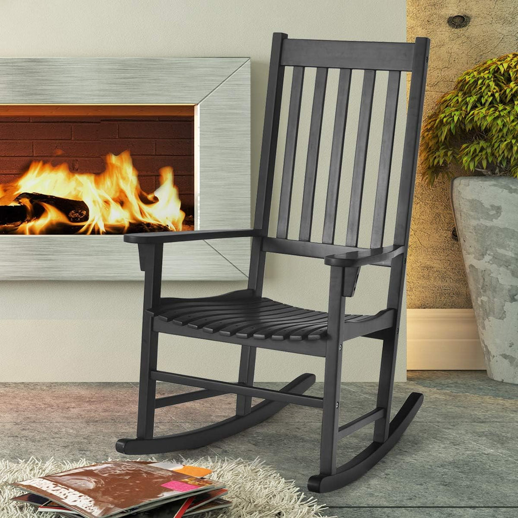 Giantex Rocking Chair Acacia Wood Frame Outdoor& Indoor for Garden, Lawn, Balcony, Backyard and Patio Porch Rocker (1, Black)