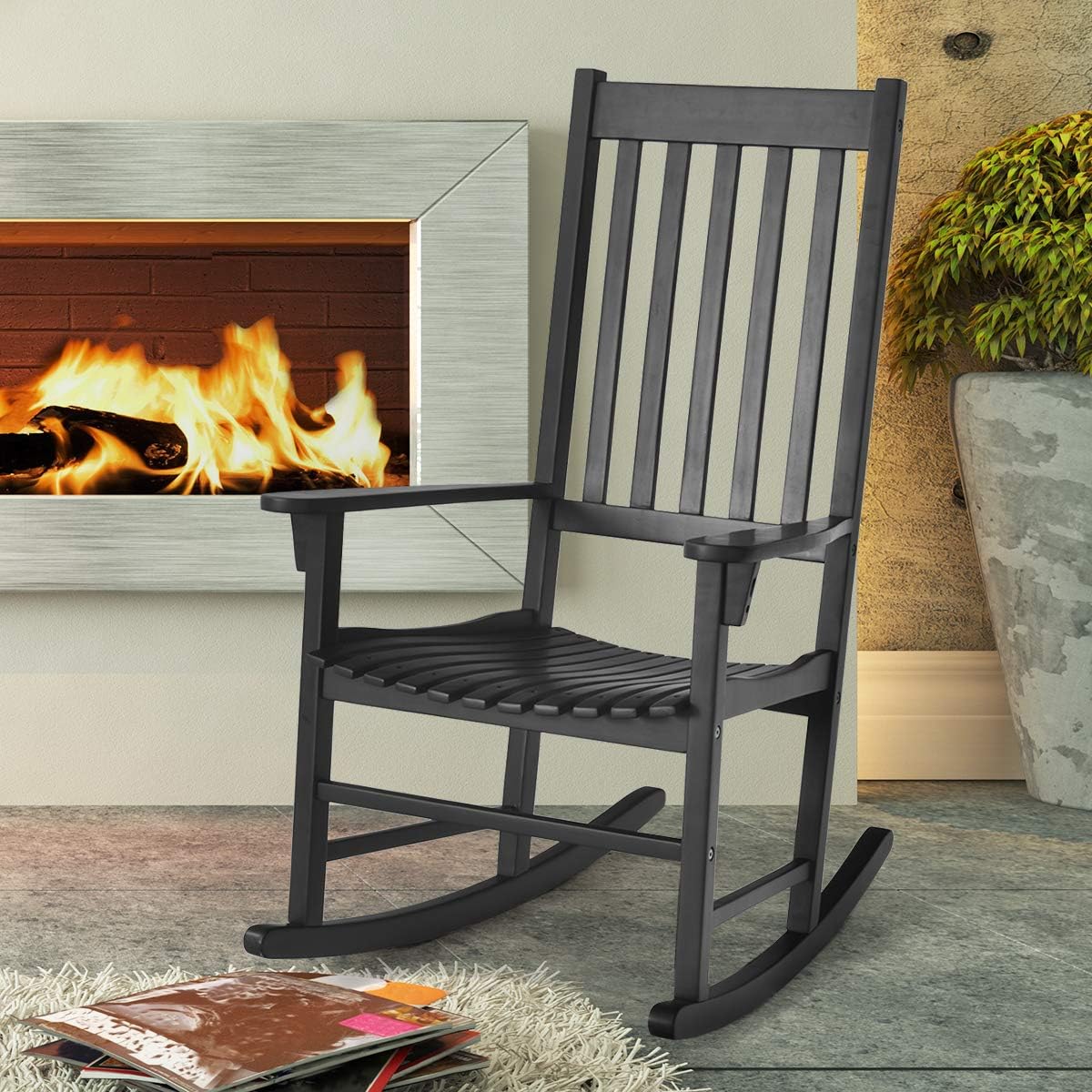 Giantex Rocking Chair Acacia Wood Frame Outdoor& Indoor for Garden, Lawn, Balcony, Backyard and Patio Porch Rocker (1, Black)