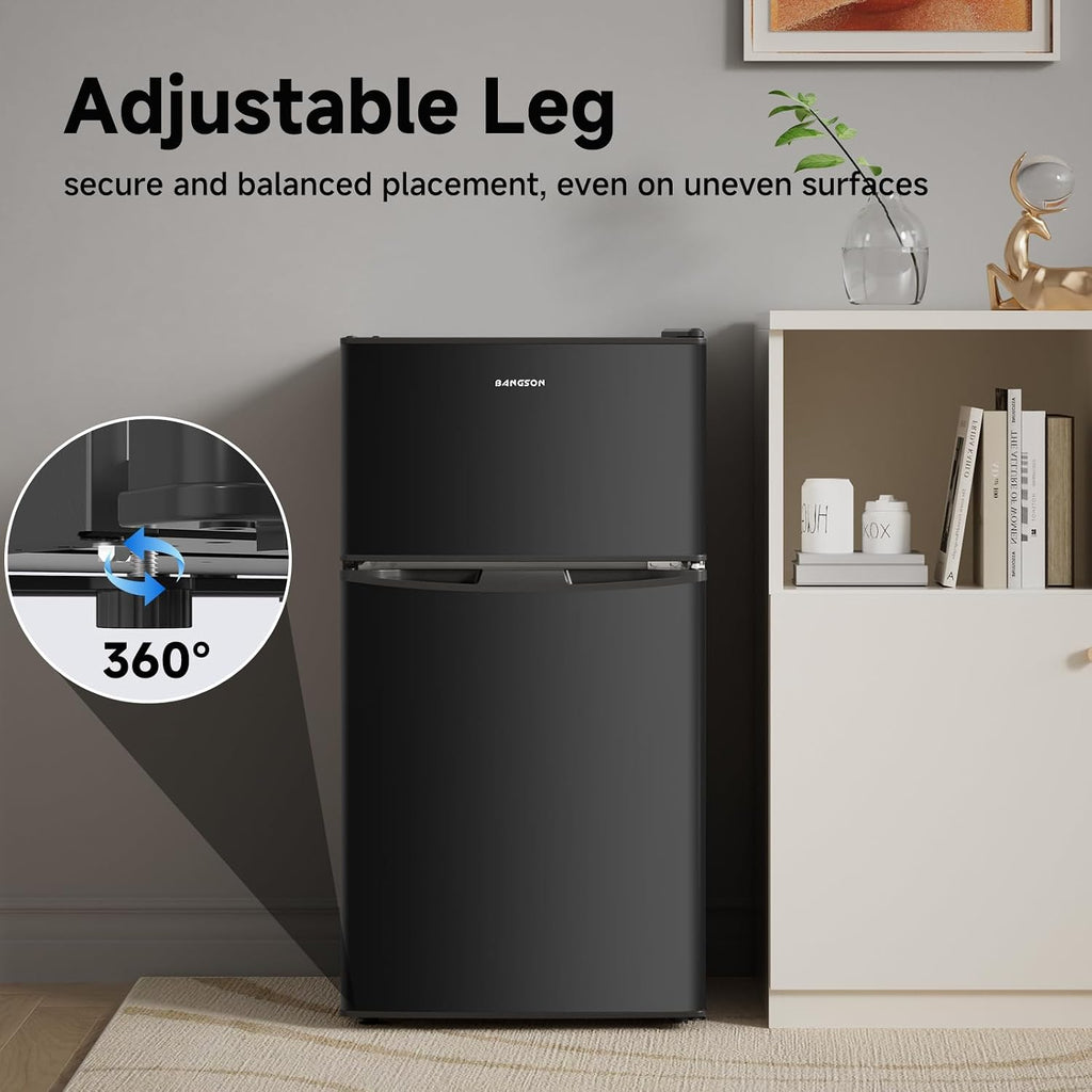 BANGSON 3.2 CU.FT Mini Fridge with Freezer Bedroom, 2 Door Office Small Refrigerator, Quiet Compact Fridge for Home, Dorm, Apartment, Garage, RV, Adjustable Thermostat, Low Noise, Black