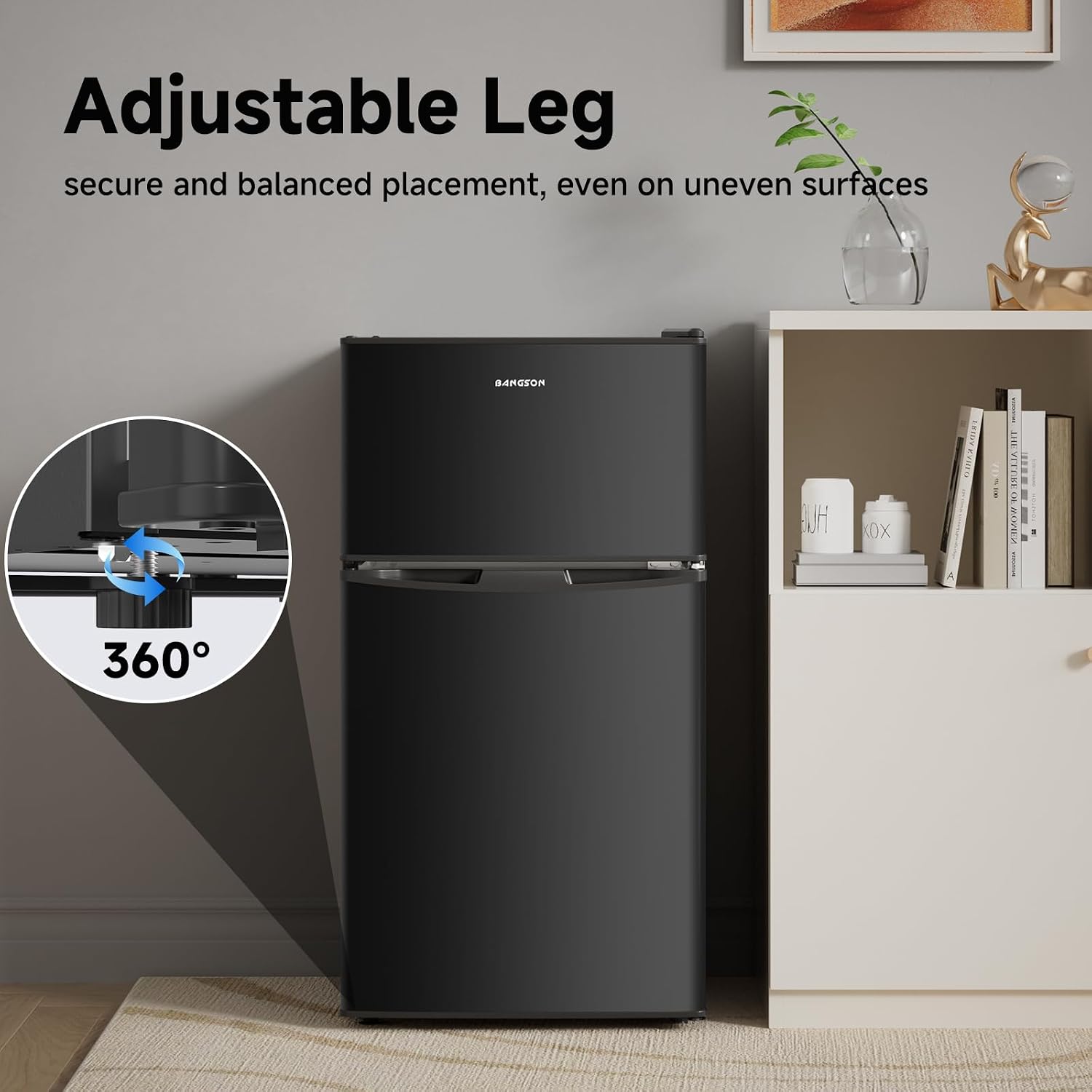 BANGSON 3.2 CU.FT Mini Fridge with Freezer Bedroom, 2 Door Office Small Refrigerator, Quiet Compact Fridge for Home, Dorm, Apartment, Garage, RV, Adjustable Thermostat, Low Noise, Black