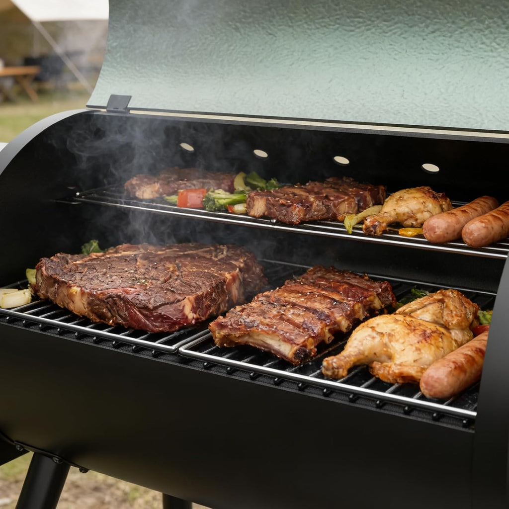 Electric Pellet Grill 456 SQ.IN Cook Area Pellet Smoker with Auto Feed & PID Controller 500°F Max Temperature 8 in 1 BBQ Grill with Meat Probe & Side Table with Hooks Perfect for Outdoor BBQ