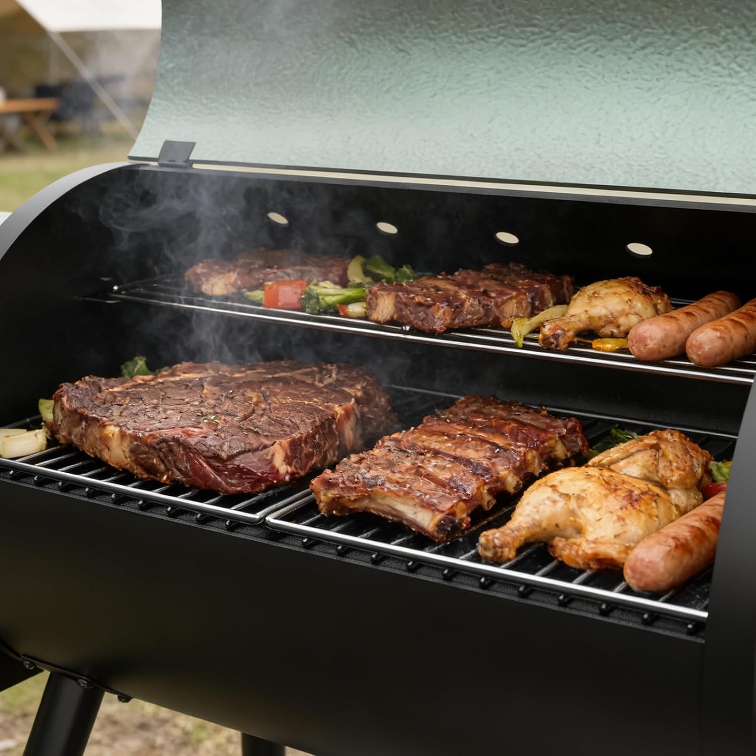 Electric Pellet Grill 456 SQ.IN Cook Area Pellet Smoker with Auto Feed & PID Controller 500°F Max Temperature 8 in 1 BBQ Grill with Meat Probe & Side Table with Hooks Perfect for Outdoor BBQ