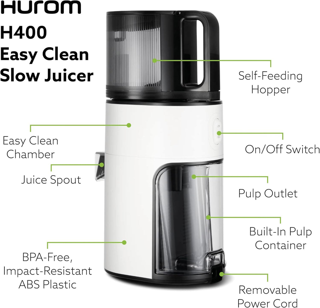 Hurom White H400 Award Winning Cold Press Juicer Machine with German Steel Knife Set, Strainer & Hands Free with Self-Feeding Hopper, Corrosion-Resistant Blades, Easy Assembly (550ml/ 18.6oz)