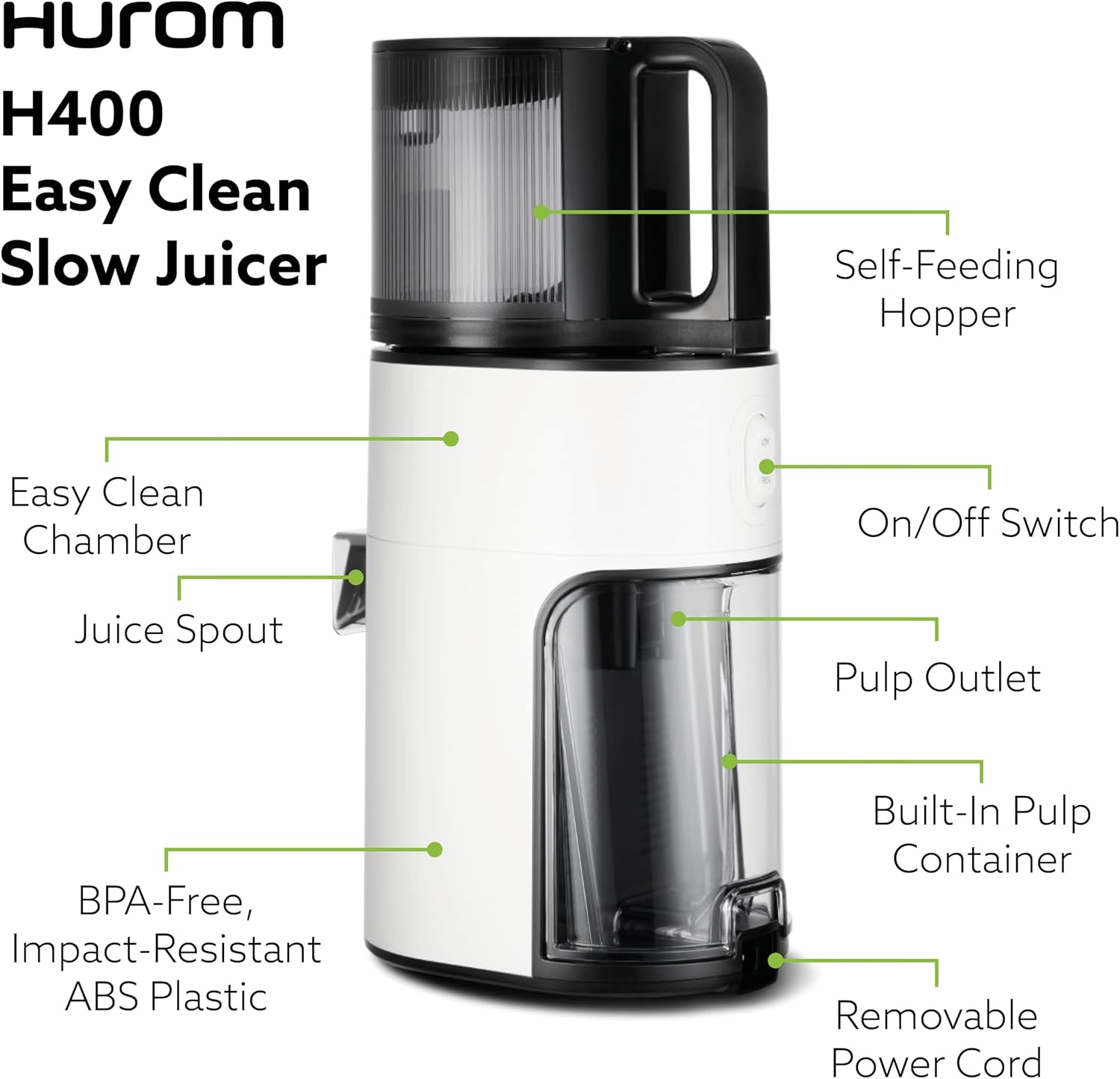 Hurom White H400 Award Winning Cold Press Juicer Machine with German Steel Knife Set, Strainer & Hands Free with Self-Feeding Hopper, Corrosion-Resistant Blades, Easy Assembly (550ml/ 18.6oz)