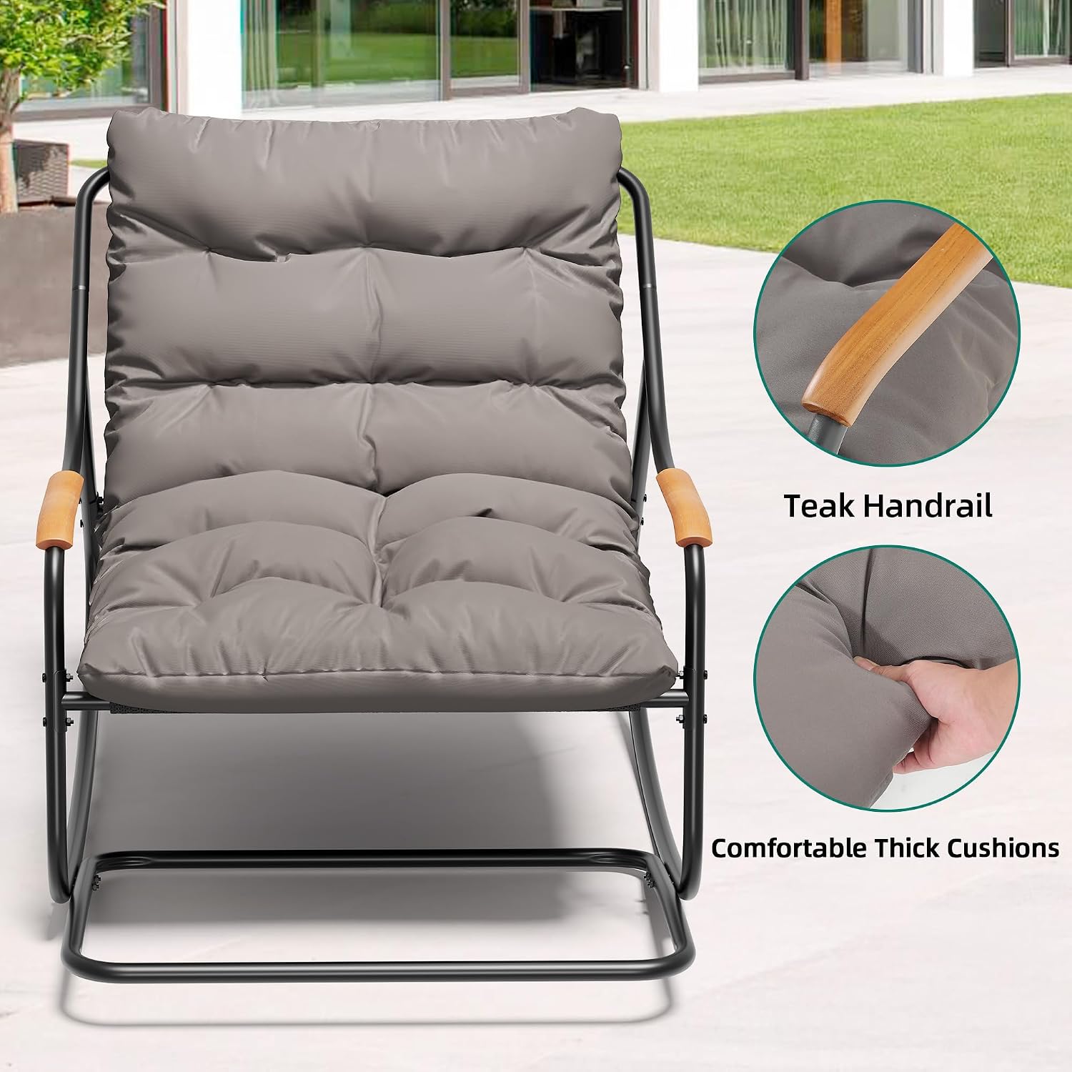 YITAHOME Patio Oversized Rocking Chair Set of 2, Versatile Indoor/Outdoor Textilene Lounge with Soft Thick Cushion, Teak Armrests and Footrest, Idea for Living Room, Porch, or Backyard
