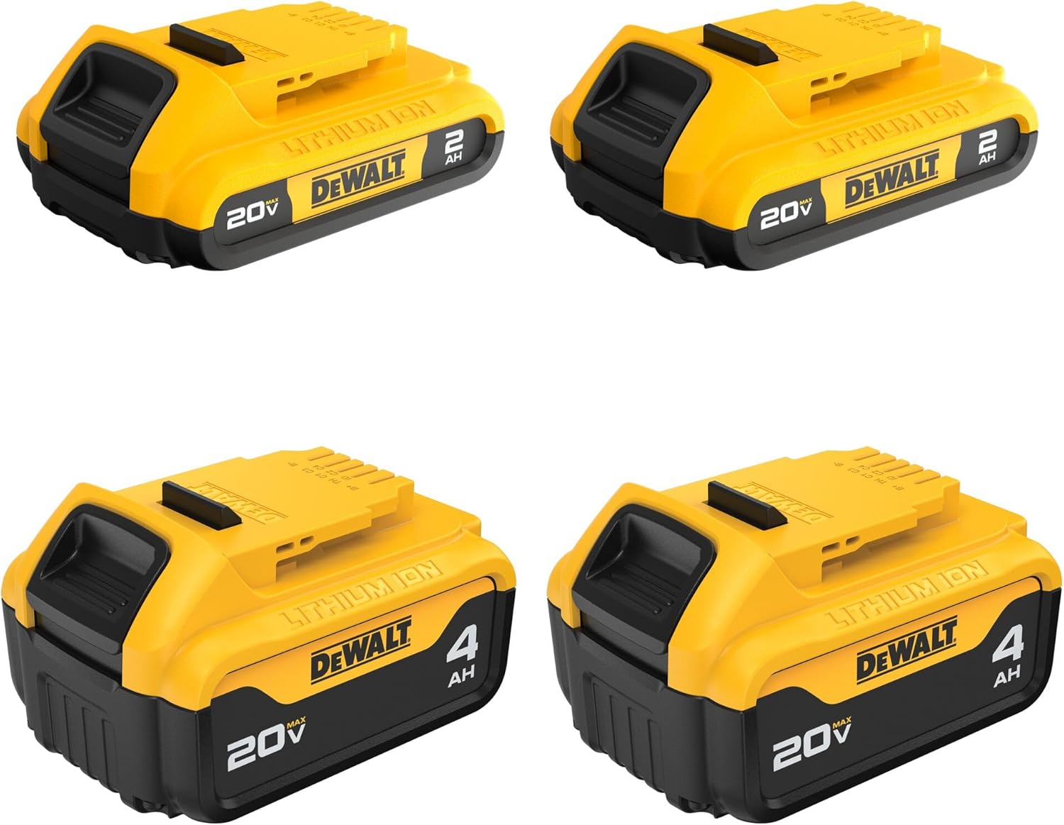 DEWALT 20V MAX Lithium Ion Battery, 2 Ah and 4 Ah, 4-Pack, Fuel Gauge LED Charge Indicators (DCB324-4)