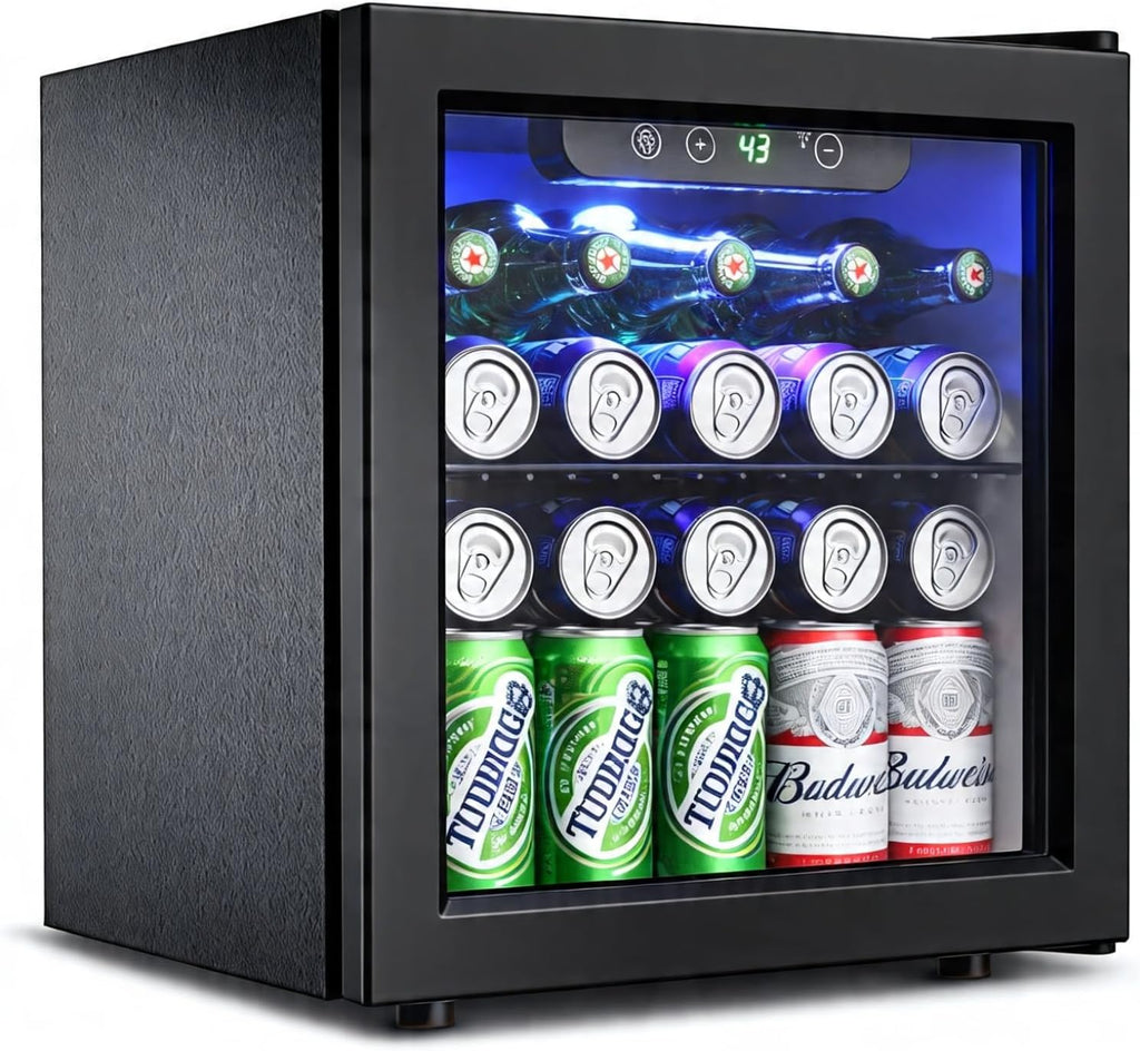 Feelfunn 50 Can Beverage Refrigerator Cooler - 1.3 Cu.Ft Mini Fridge with Glass Door, Soda Beer Drink Wine Fridge, Countertop Small Refrigerator for Bedroom Office Home Dorm Bar, Black