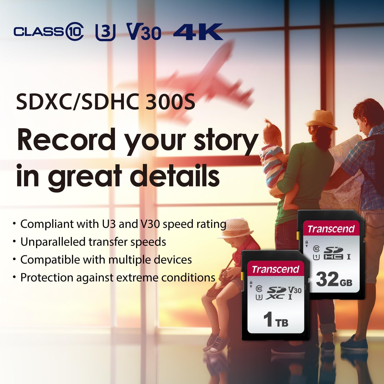 Transcend SDC300S 512GB SDXC SD Card, UHS-I U3 V30, 4K UHD & Full HD for DSLR Cameras/Digital Cameras/Trail Cameras/Camcorder, Up to 100MB/s, Class 10 High-Speed Memory Card