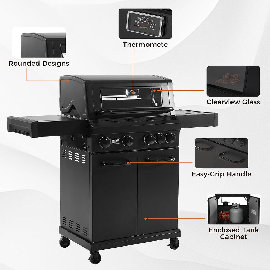 4 Burner Propane Gas Grill with 1 Side Burner, 50,000 BTU Outdoor BBQ Grill, Heavy-Duty Steel Construction, Cast Iron Cooking Grates & Griddle, Backyard Patio Barbecue