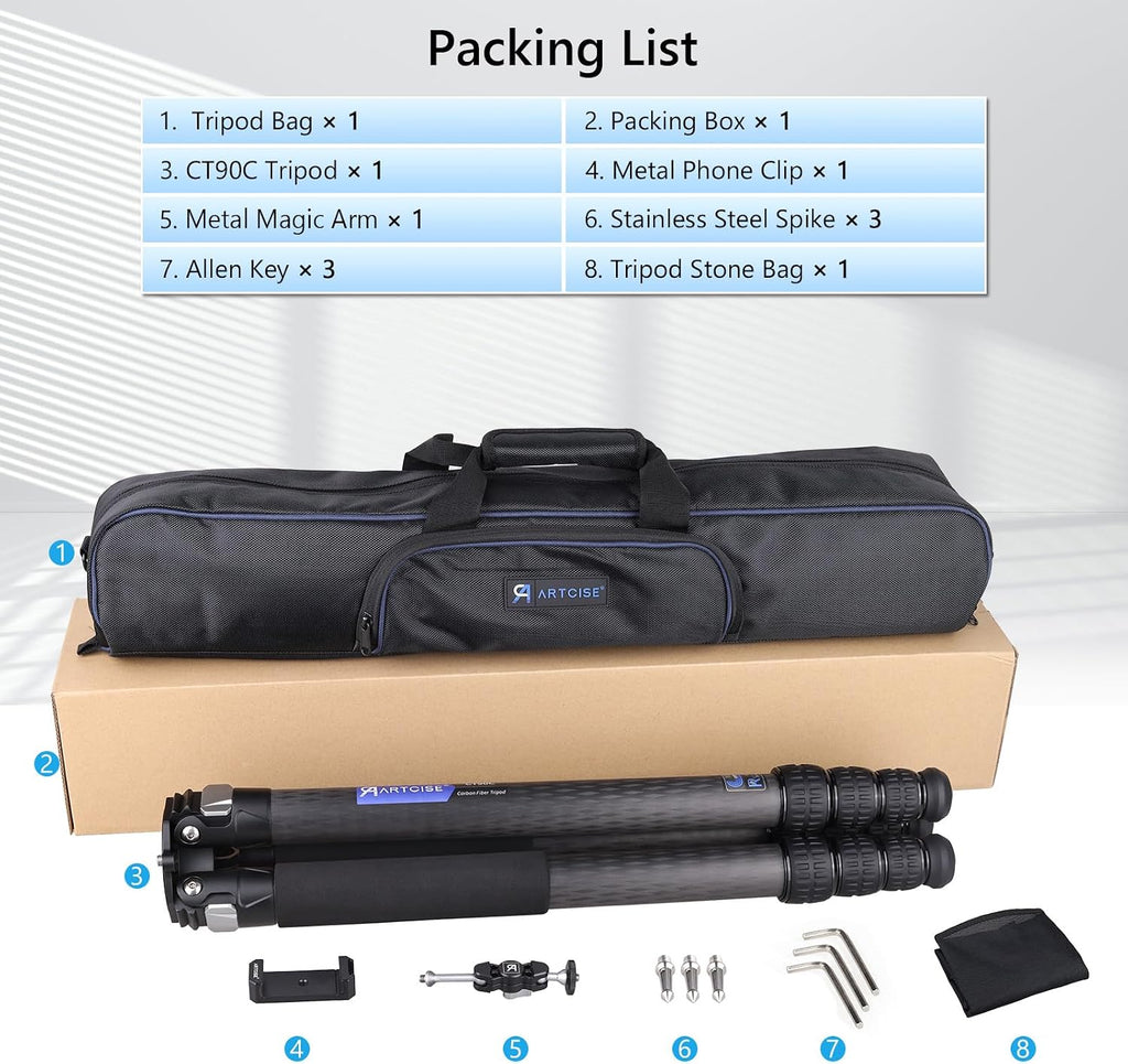 ARTCISE Heavy Duty 40mm Max Leg Tube Carbon Tripod Compact Carbon Fiber Travel Tripod 63.6in/162cm Height Stable Lightweight Stand for DSLR Video Camera Max Load 40kg