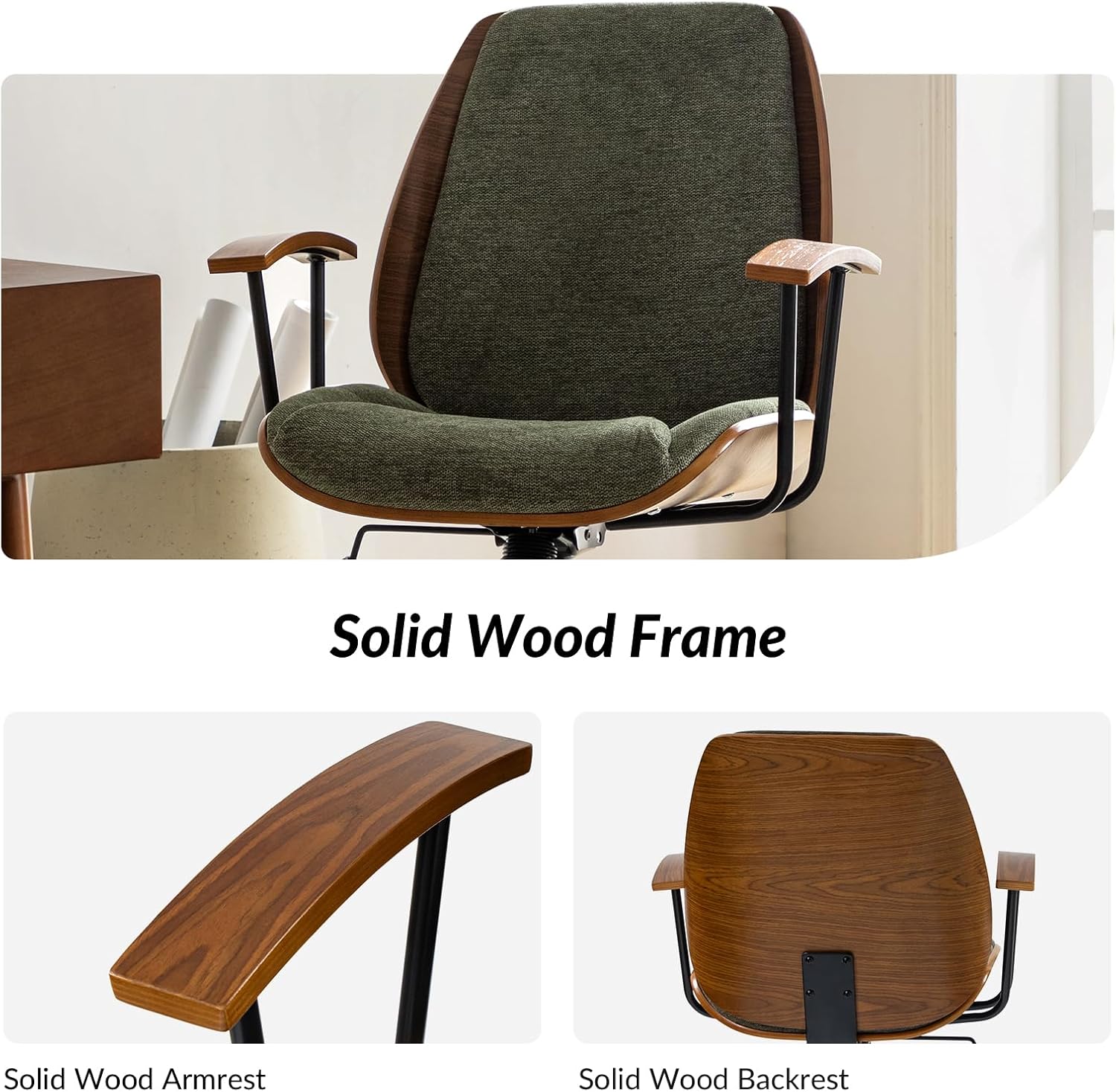 HULALA HOME Solid Wood Office Chair with Rocking Function, Comfy Fabric Desk Chair with Bent Wood and Metal Base, Height Adjustable Swivel Computer Task Chair, Green