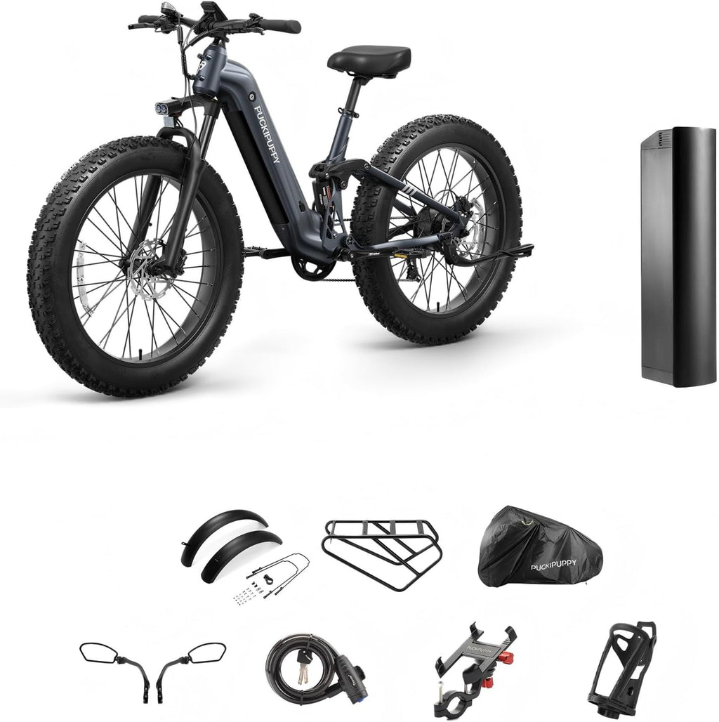 PUCKIPUPPY Battery+Electric Bike for Adults 960W(Peak), 48V 20AH Battery Adult Electric Bicycles, 26' Fat Tire Full Suspension Step-Thru Ebike, 28MPH Mountain Ebike, 7 Speed, 80Miles Range