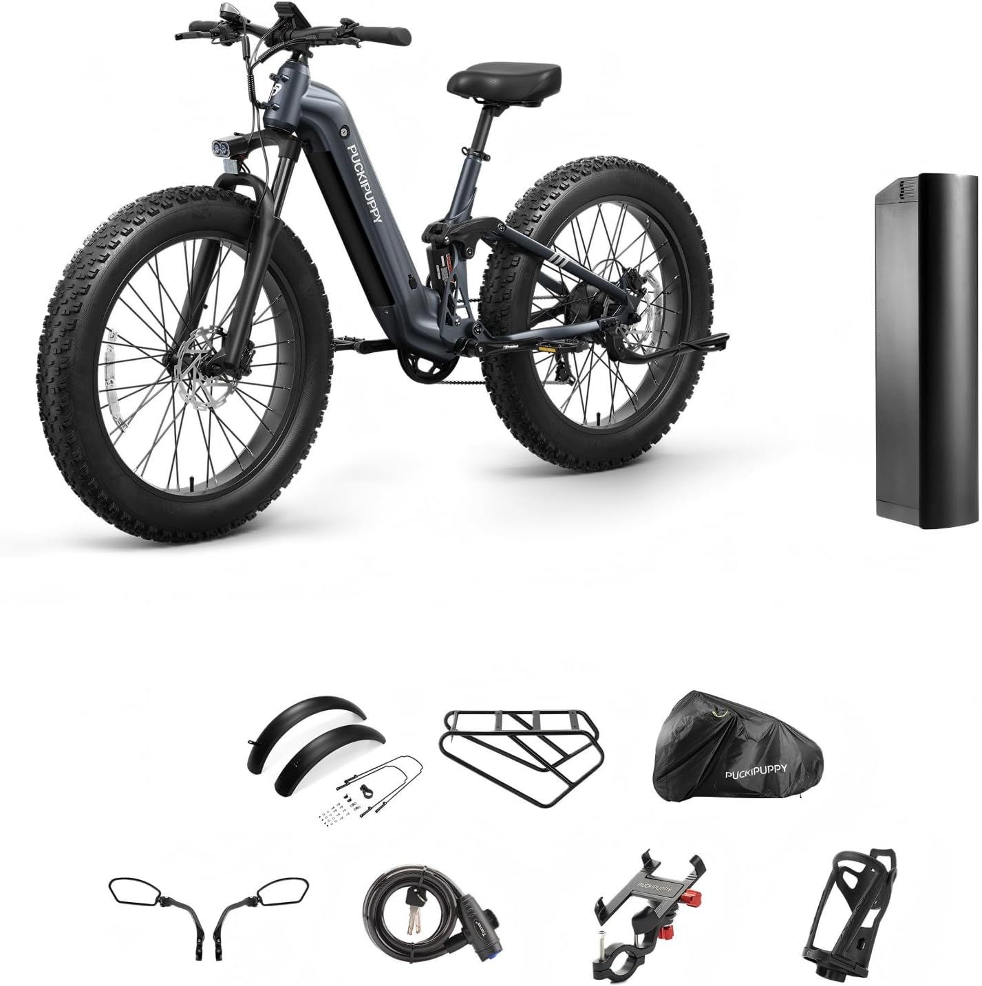 PUCKIPUPPY Battery+Electric Bike for Adults 960W(Peak), 48V 20AH Battery Adult Electric Bicycles, 26' Fat Tire Full Suspension Step-Thru Ebike, 28MPH Mountain Ebike, 7 Speed, 80Miles Range